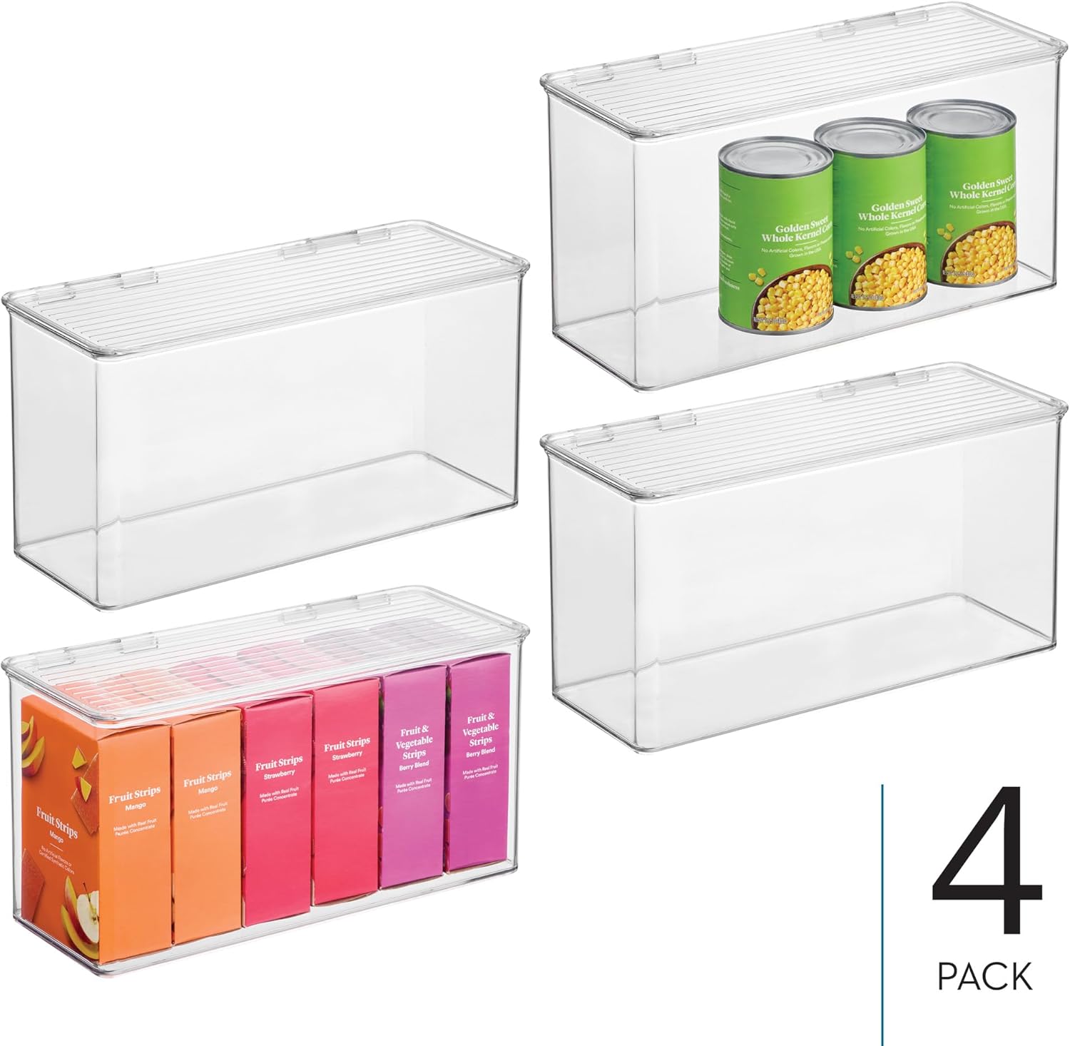 iDesign Plastic Stackable Hinged-Lid Pantry or Kitchen Storage Box - Set of 4 - Clear