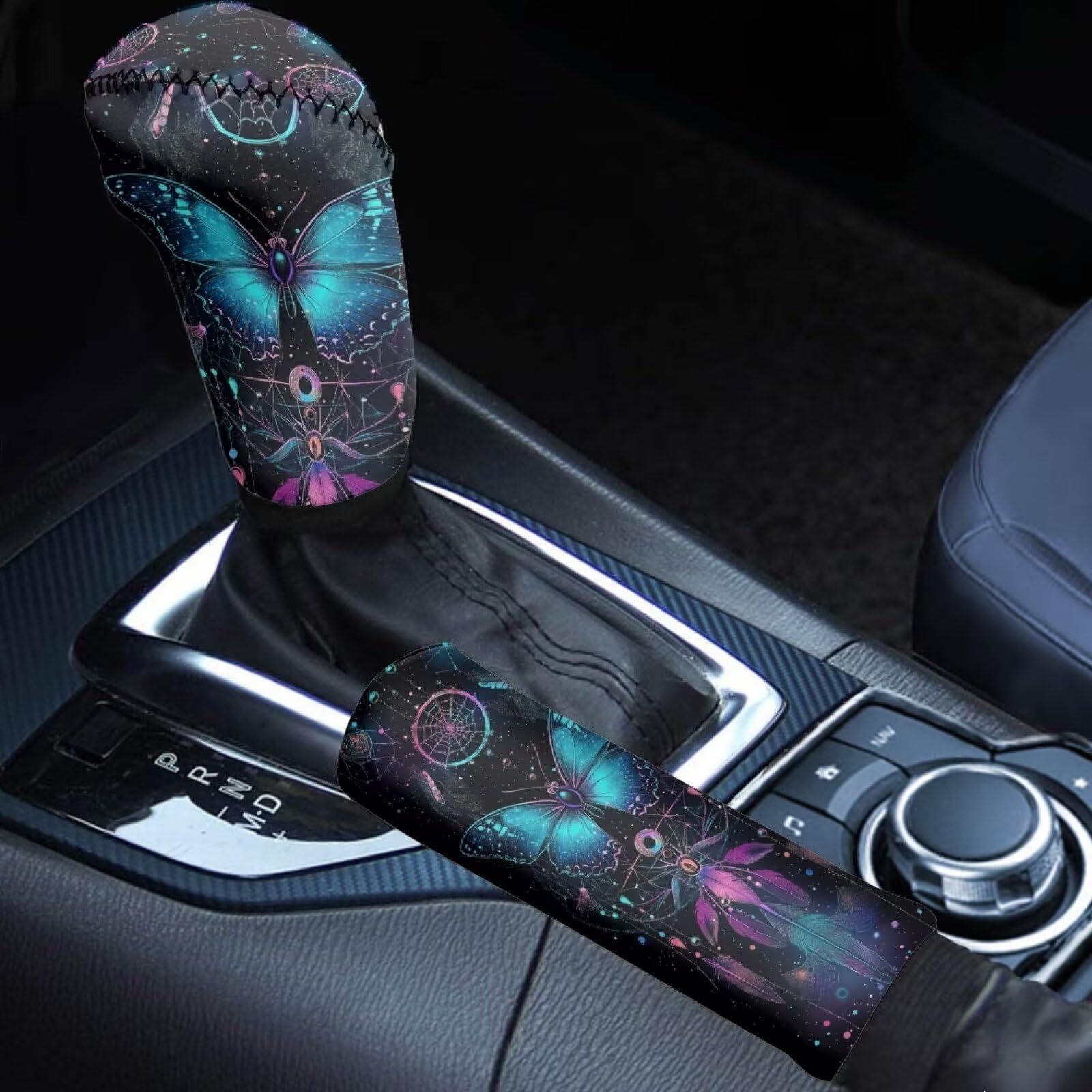 STUOARTE 2-Piece Car Gear Shift Knob Cover Set, Butterfly Dreamcatcher Printed Auto Interior Accessories, Anti-Slip Vehicles Gear Shift Knob Cover and
