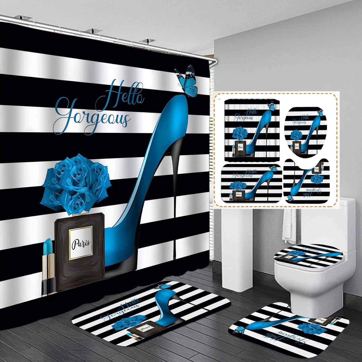 SKAILIÉ 4PCS Blue High Heels Shower Curtain Set, Black and
