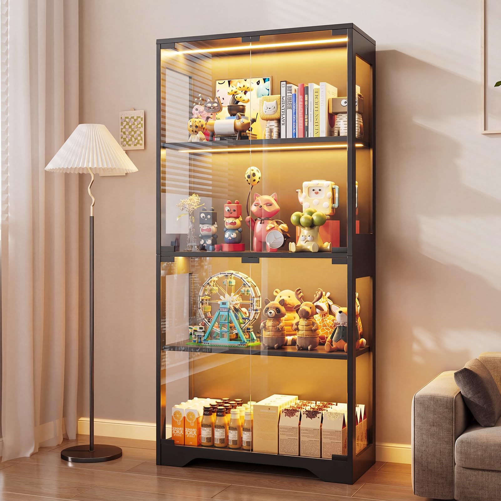 JUMMICO Vitrine en Verre LED Multicolore, Effets Lumineux Dynamiques, Vitrine Salon pour Collections avec 4 Niveaux, 80 x 35 x 165,5(H) cm Noire