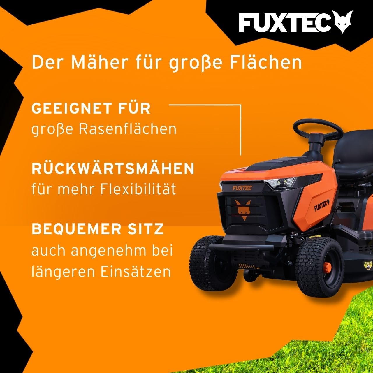 FUXTEC Rasentraktor FX-RMT84M, Aufsitzmäher mit 83cm Schnittbreite, 6-stufige Schnitthöhenverstellung, kraftvoller Benzinmotor, Grasfangkorb 280L, Rückwärtsmähfunktion