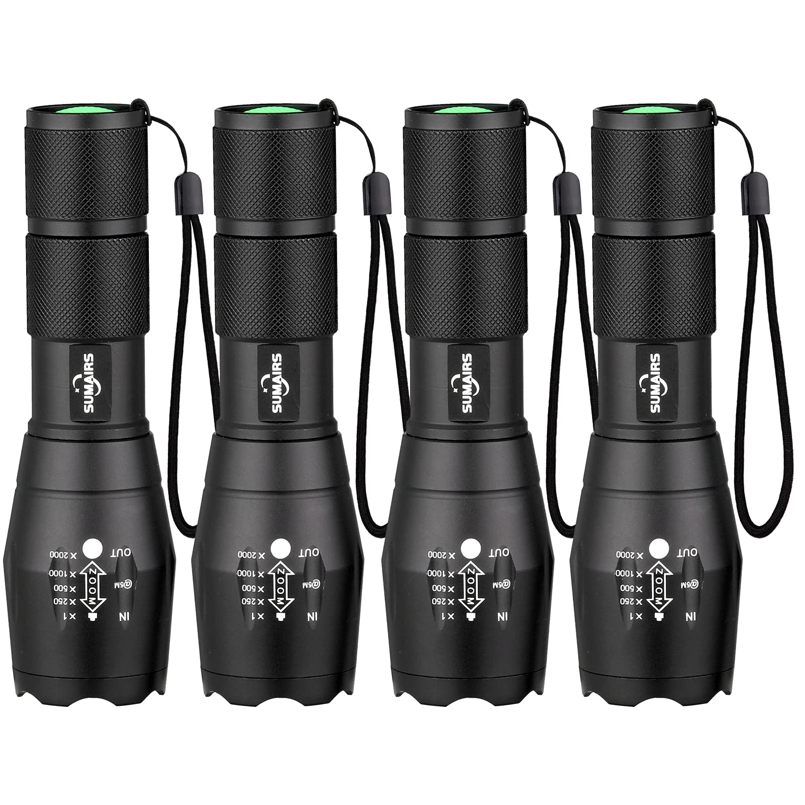 Sumairs Torcia a LED super luminosa, 2000 lumen, torcia a LED con 5 modalità di illuminazione, zoomabile, potente torcia impermeabile, per campeggio, escursionismo all'aperto, confezione da 4