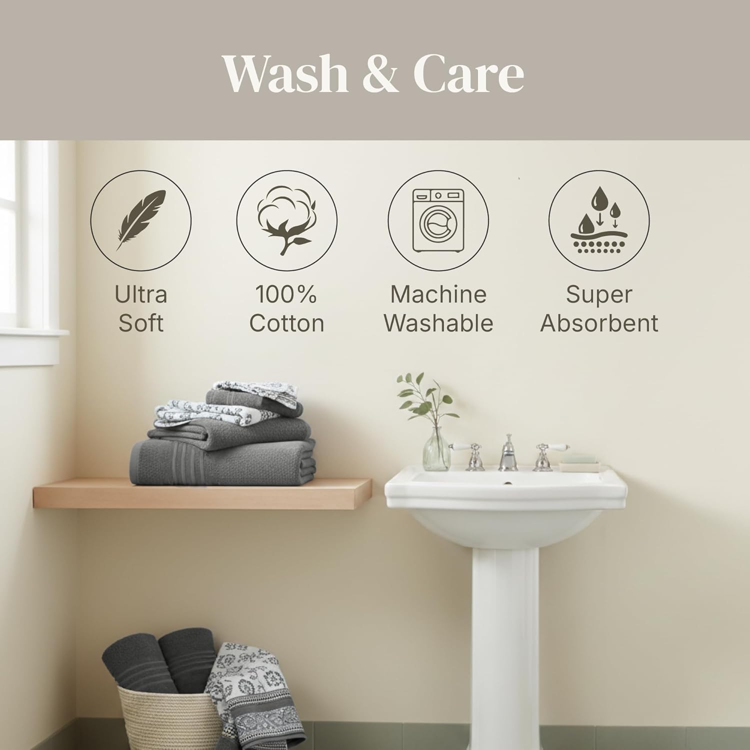 Modern Threads Ophelia 6-Piece 100% Cotton Towel Set – Reversible Yarn Dyed Jacquard & Solid – Includes 2 Bath Towels, 2 Hand Towels, 2 Washcloths – Absorbent, Quick Dry, Soft & Durable – Light Gray - Image 7