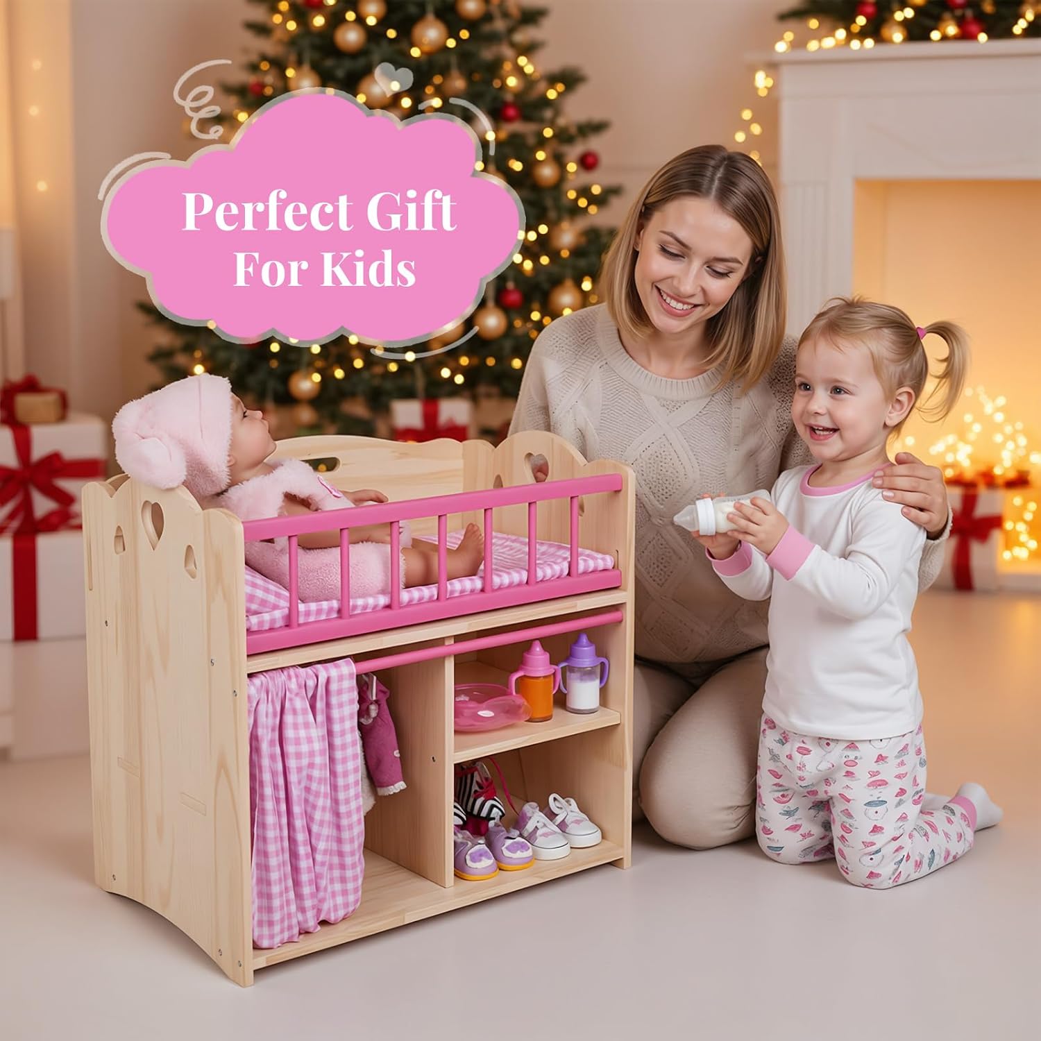 BABESIDE Baby Doll Crib Set for 12-16 Inch Babydolls, 2 in 1 Wooden Baby Doll Accessories Dolls Bed Dolls Closet with Bedding and Hangers, Pretend Play Toy for Kids