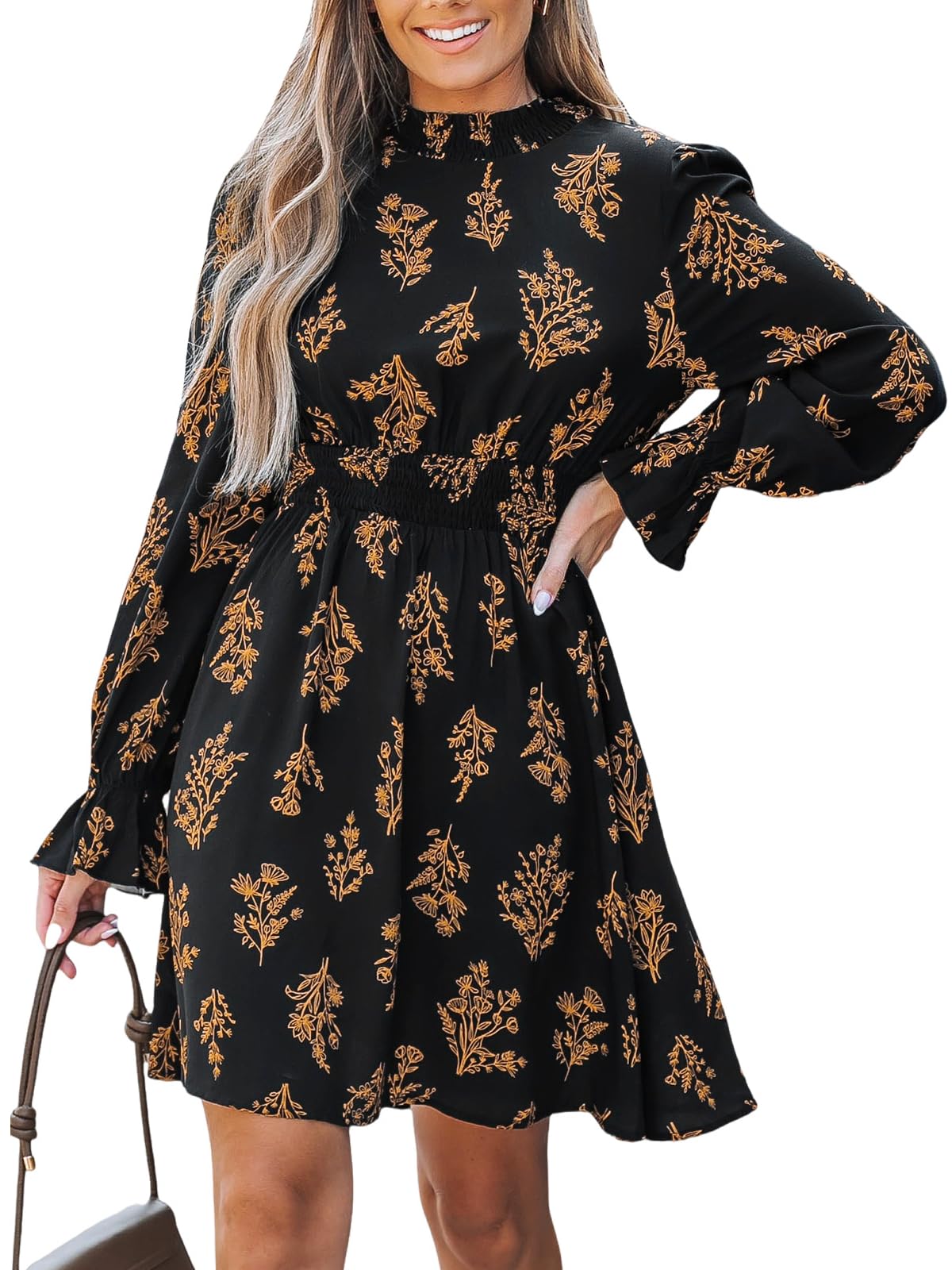 CUPSHE Women's Dress High Neck Long Sleeve Floral Pattern Short Mini Dress Casual Dresses Party Tunic Dress
