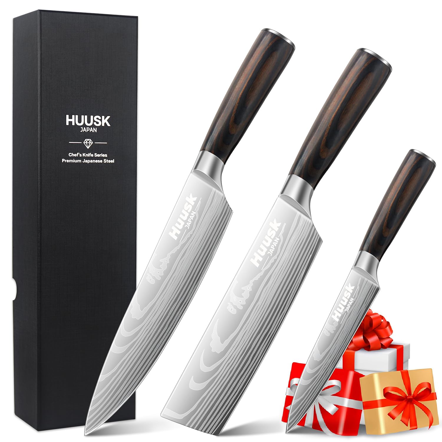 Huusk Chef Knife Set Japanese, Professional Kitchen Knife Set, Ultra Sharp Cooking Knives Sets with Wood Handle for Home, Outdoor Camping BBQ, Gift Idea Men