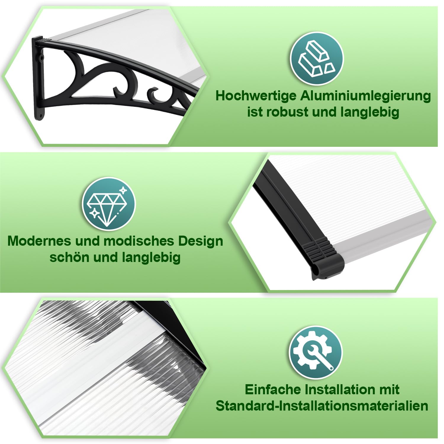 Vordach Haustür 120 x 100 cm, Polycarbonat Haustürvordach mit ABS-Halterung, Transparentes Pultvordach Türüberdachung für Eingang, Wetterfest und UV-beständig