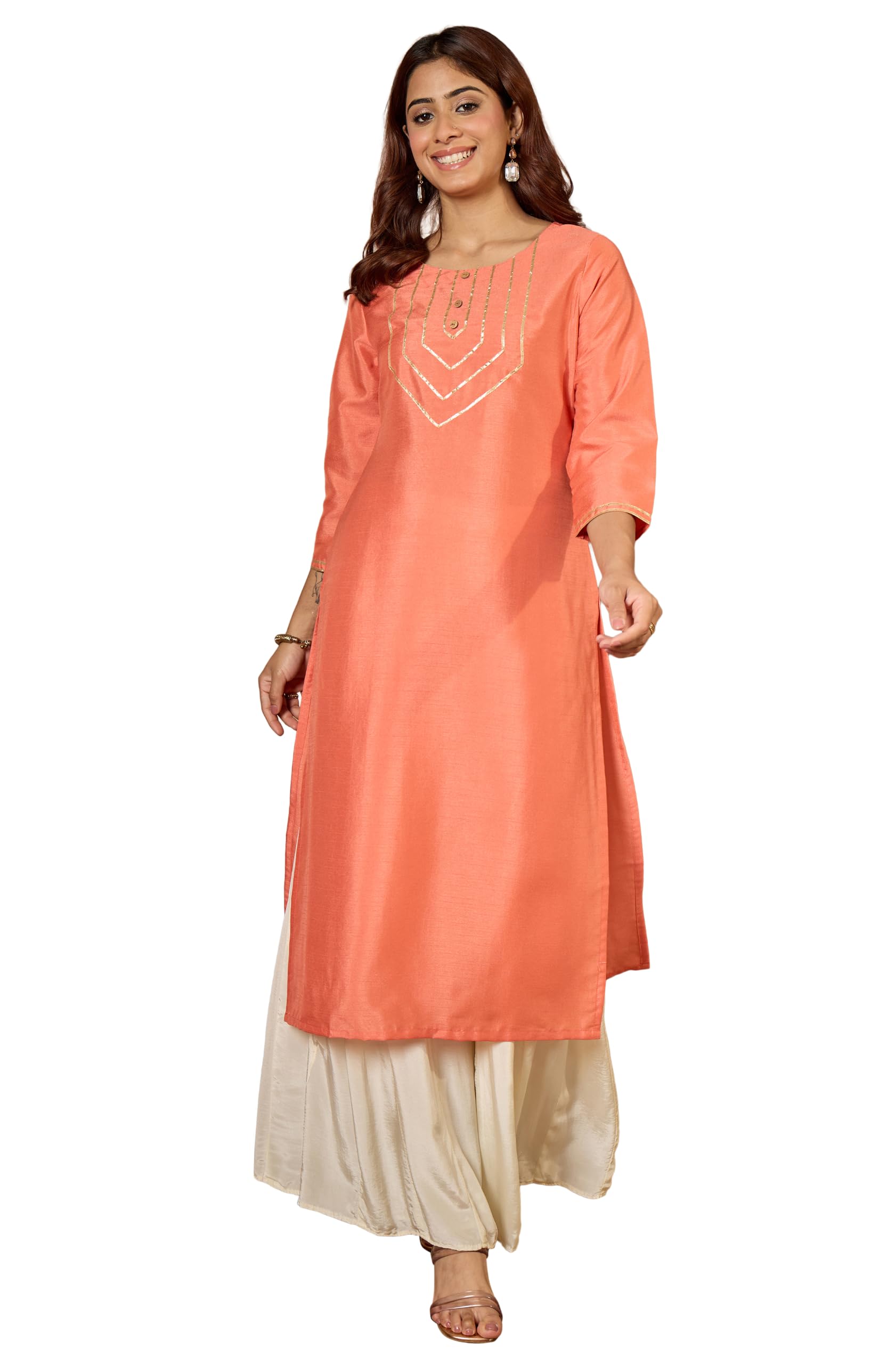 Janasya Women's Peach Silk Blend Solid Straight Kurta