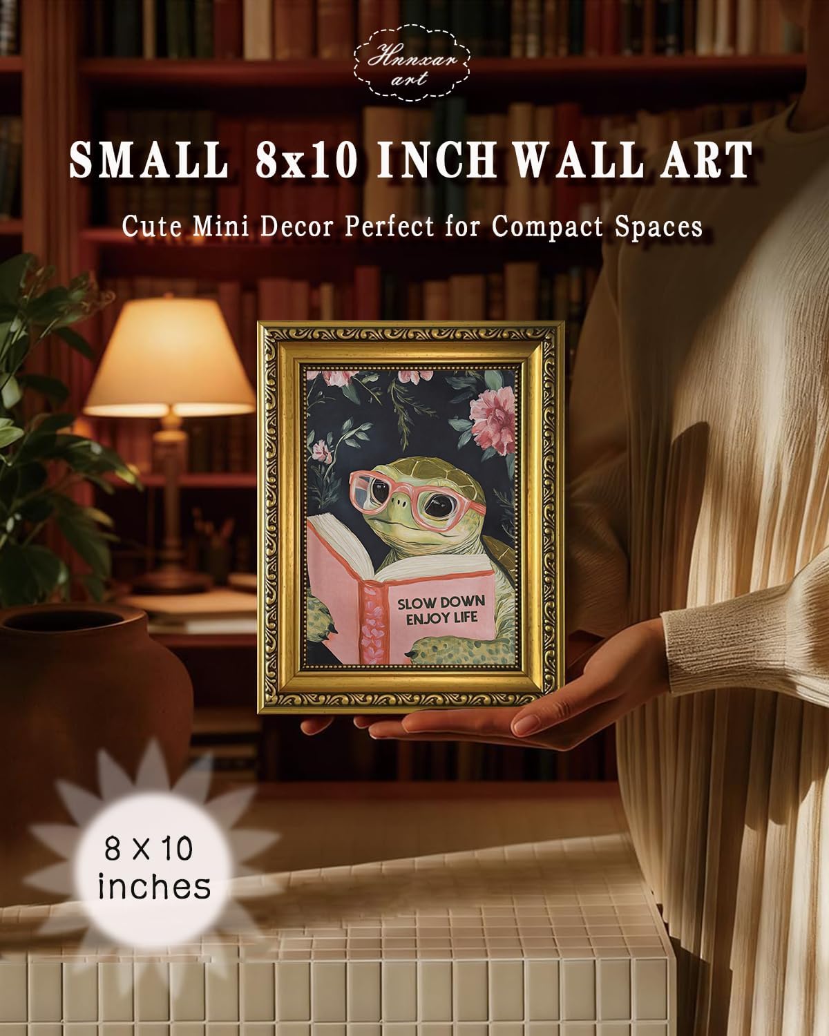 HNNXAR Gold Framed Wall Art Whimsical Turtle Reading Wall Canvas Art Slow Down Enjoy Life Paintings Pictures Cute Literary Turtle Prints Funny Animal Artwork for Bedroom Living Room image 2