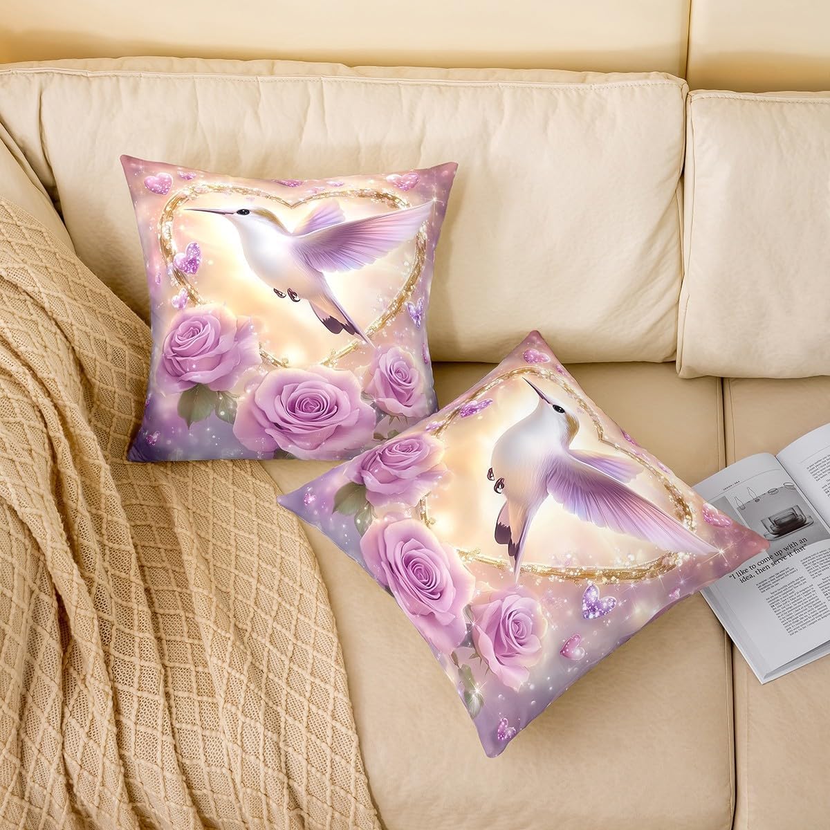 Manfei Hummingbird Throw Pillow Cover Dreamy Blooming Flowers Square Cushion Case Set Romantic Stars Floral Decor Throw Porch Pillows Cases for Couch Sofa Living Room,Soft Pillowcases,24x24 Inches