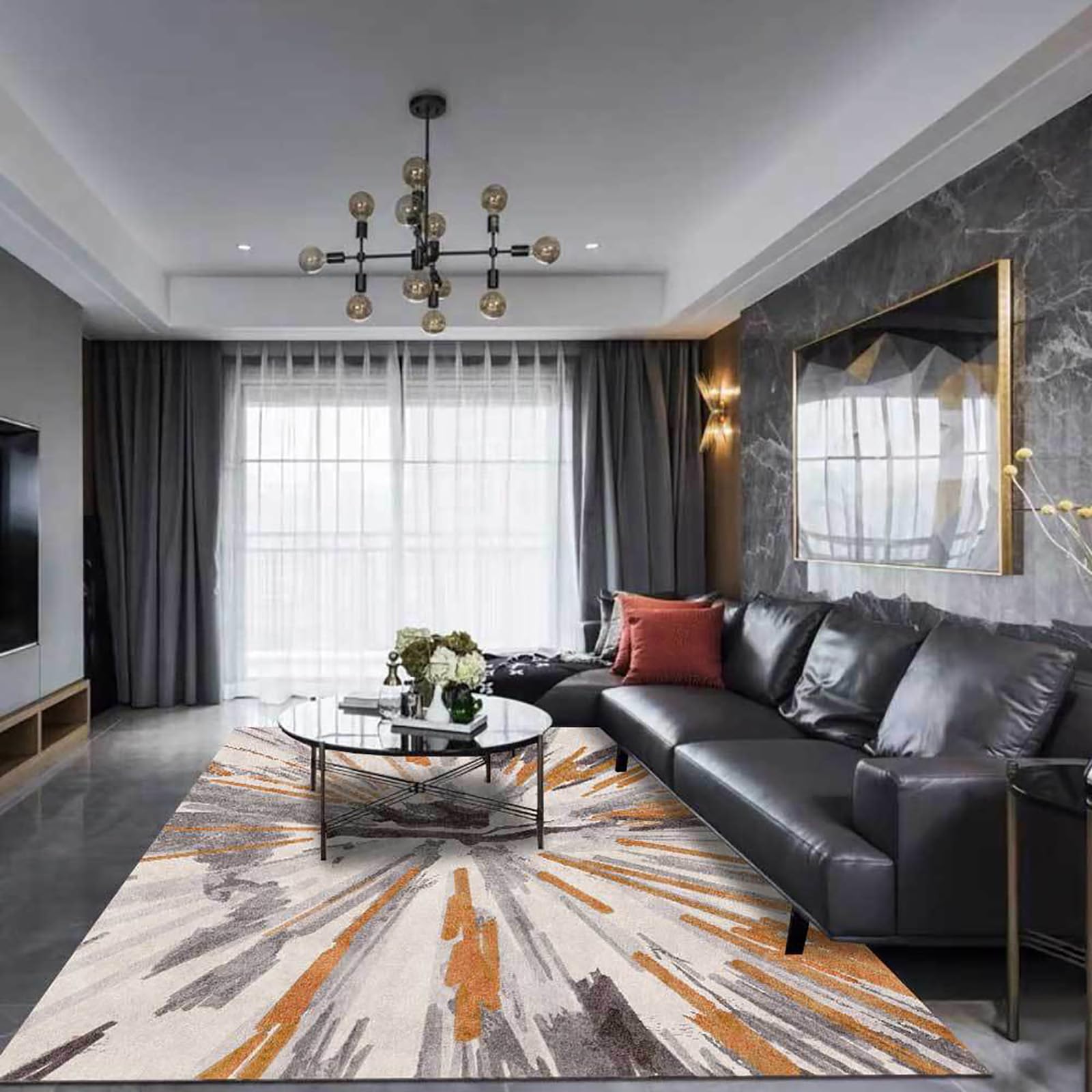 Tapis Salon Décoration intérieure,Orange,160 x 220 cm,Design Moderne à Motif à Rayures éclatantes Gris Orange,Tapis à Poils Courts Moderne Chambre à Coucher,