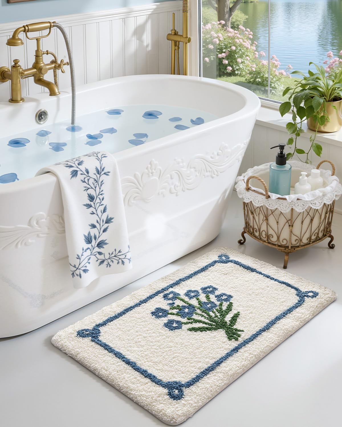 Amazon.com: DEXI Floral Bathroom Rugs 36x24, Vintage Blue Bouquet