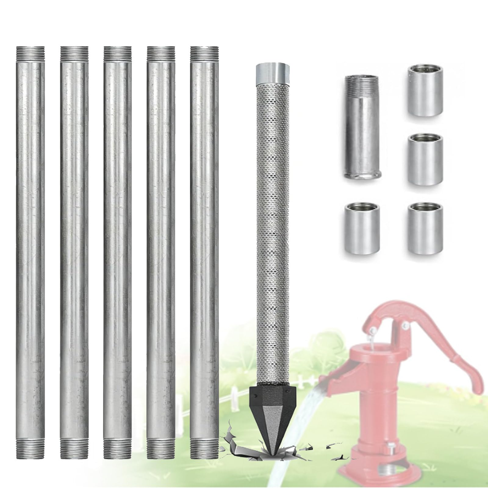 Well Drive Point Kit, 1-1/4 Stainless Steel Well Drive Point+3/5 39" Galvanized Well Pipes+ Pitcher Pump(Optional), Shallow Well Drilling Kit for Sand Point Well & Soft Soil Well 6M-NoWaterPump