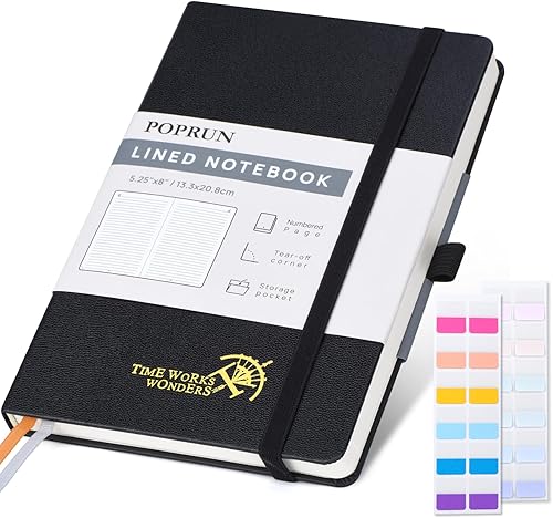 POPRUN Cuaderno rayado para mujeres y hombres, tamaño mediano A5 de 5.25 x 8 pulgadas, papel grueso de 120 GSM, 128 páginas numéricas, tapa dura,