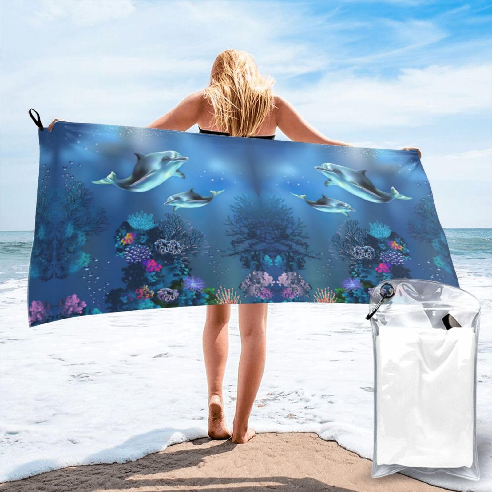 ENGhjes Underwater World Dolphins Coral Print Camping Towel Fast Drying Bath Beach Shower Wrap For Gym Camping Vacation Adults Portable Gift