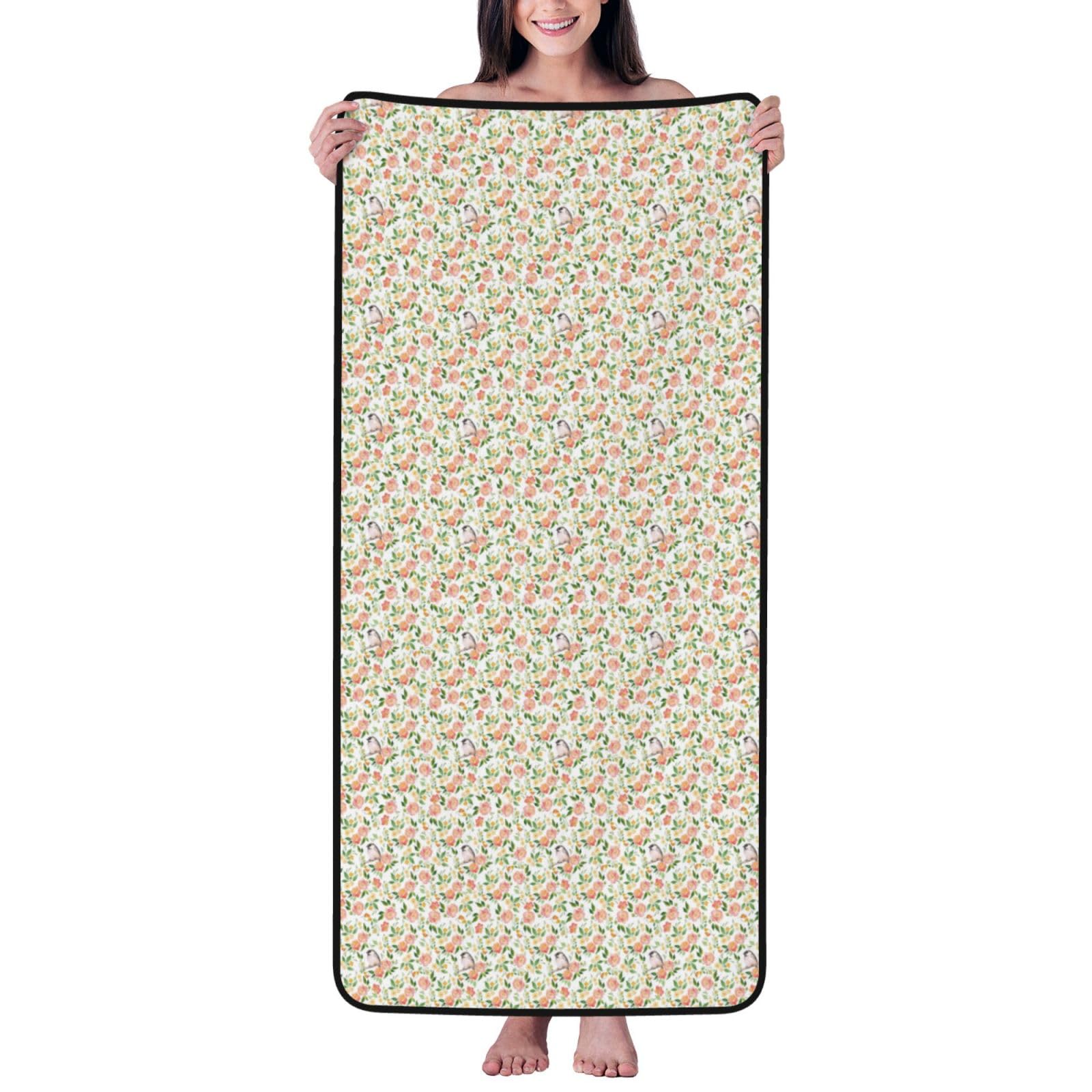 Ztpowqa Women's Black Flower And Bird Print Coral Velvet Bath Towel For Home Gym Lounging Bathroom Spa Hotel Beach Travel
