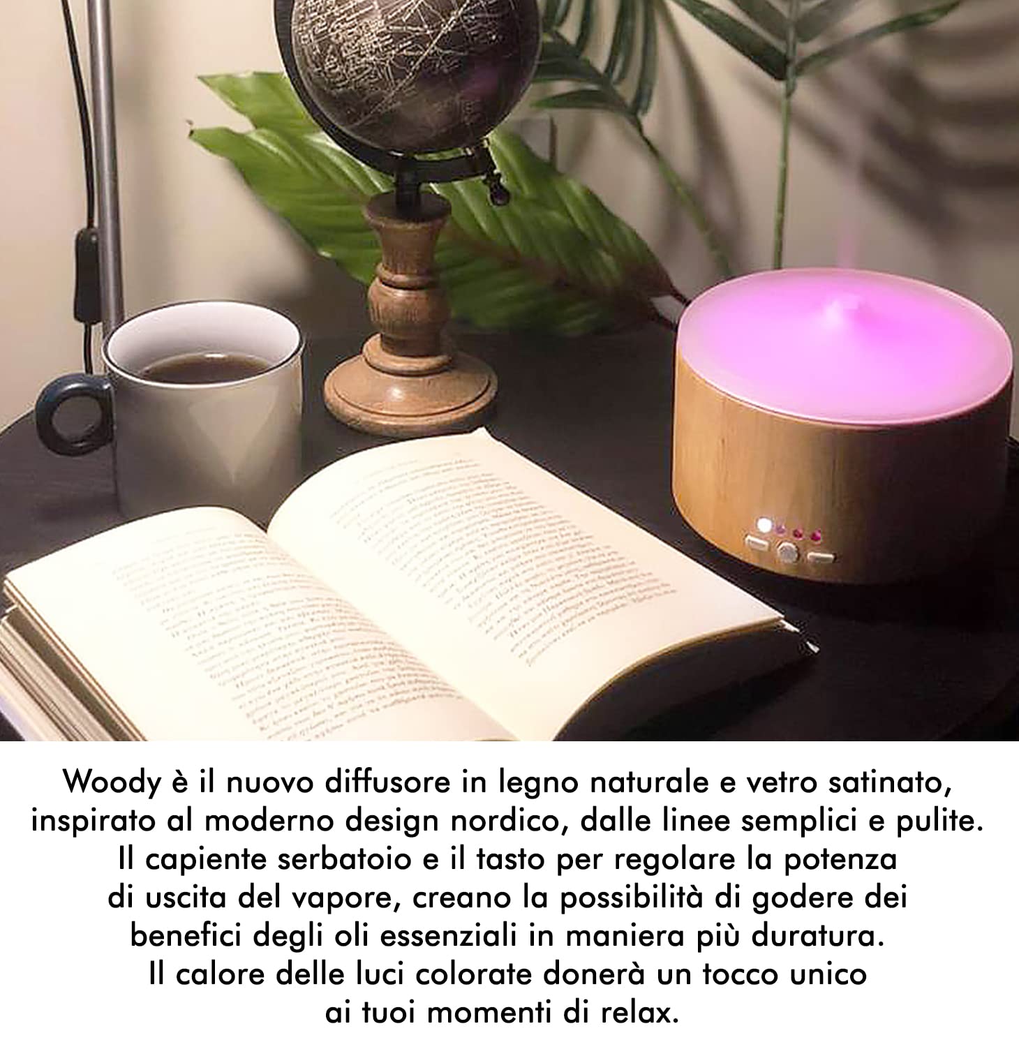 Gisa Wellness - WOODY - Diffusore di Aromi ed Oli Essenziali ad Ultrasuoni - 250ml - Aromaterapia e Cromoterapia - Vetro e Legno - Timer, Durata 6h - Relax