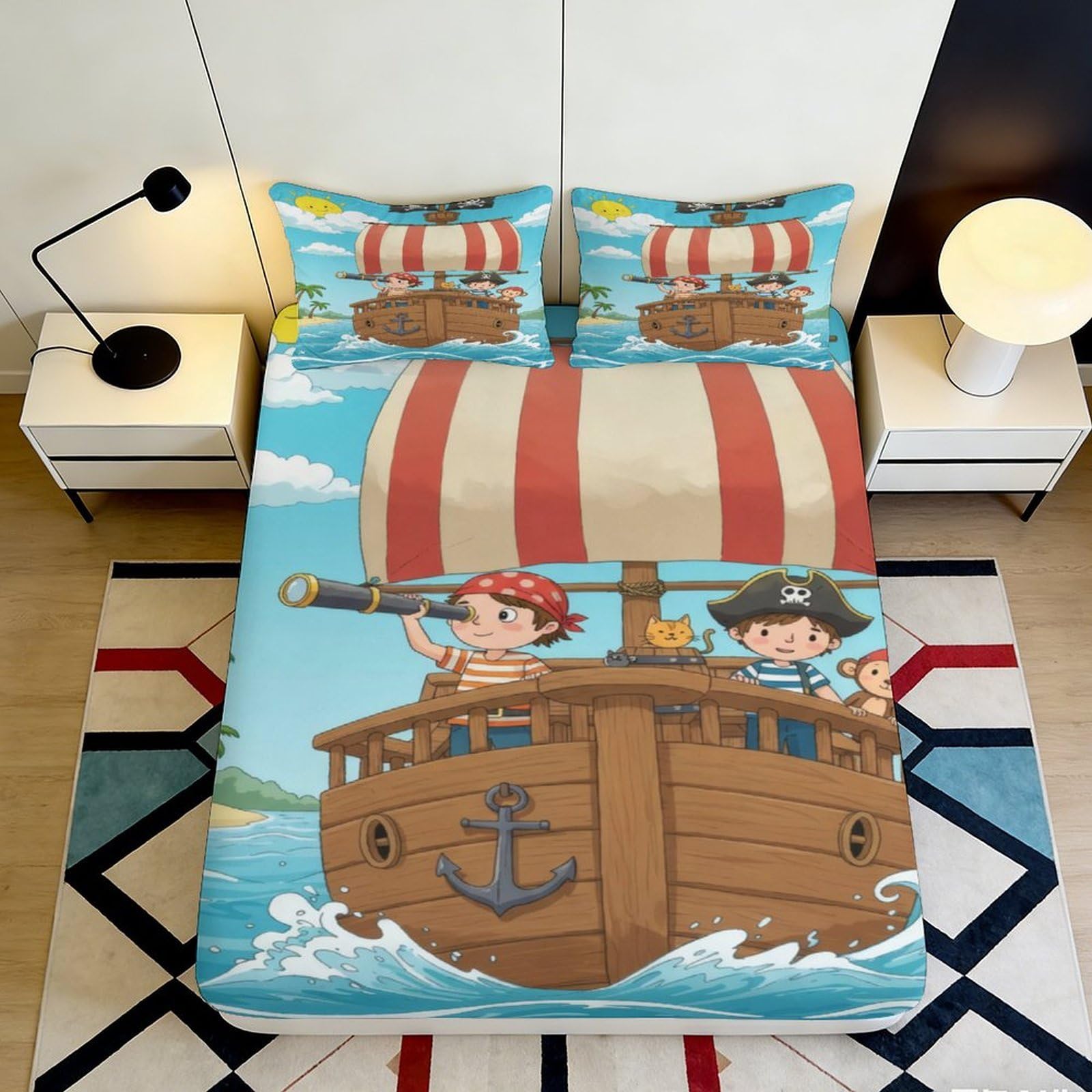 3D Printed Pirate Adventure Fitted Sheet Microfiber Soft Breathable Cartoon Ship Mattress Cover for Bedroom Guest Room Decor 90x200x25cm