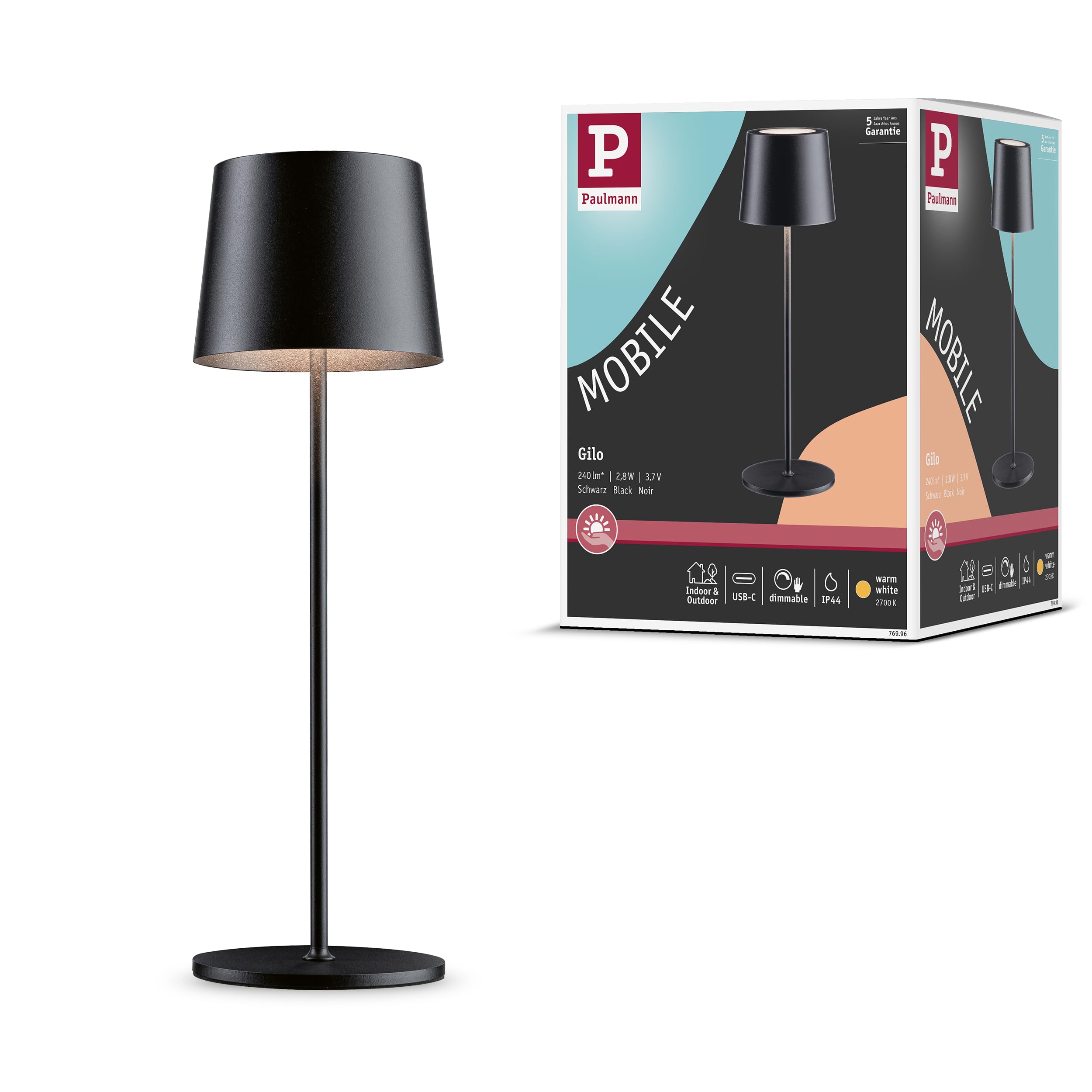 Paulmann 76996 Lampe à poser rechargeable à LED Gilo IP44 2700K Noir mat dépoli mobile lampe à poser gradable 2,8W USBC