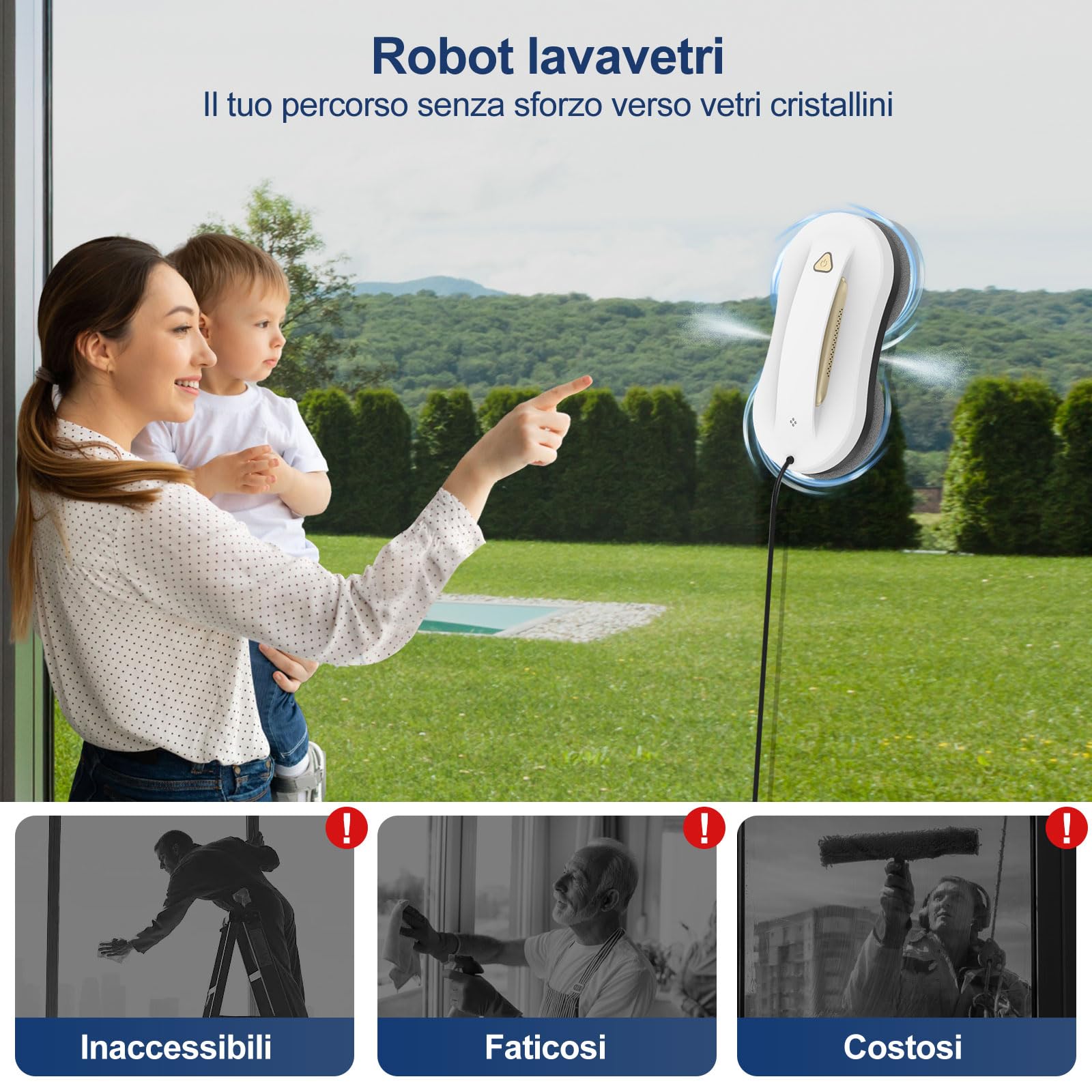 Robot Lavavetri Intelligente con Doppia Spruzzo – Pulitore Elettrico Automatico con Telecomando, robot pulisci vetri per Finestre Interne ed Esterne, Adatto a Edifici Alti, Oro, 10 Panni