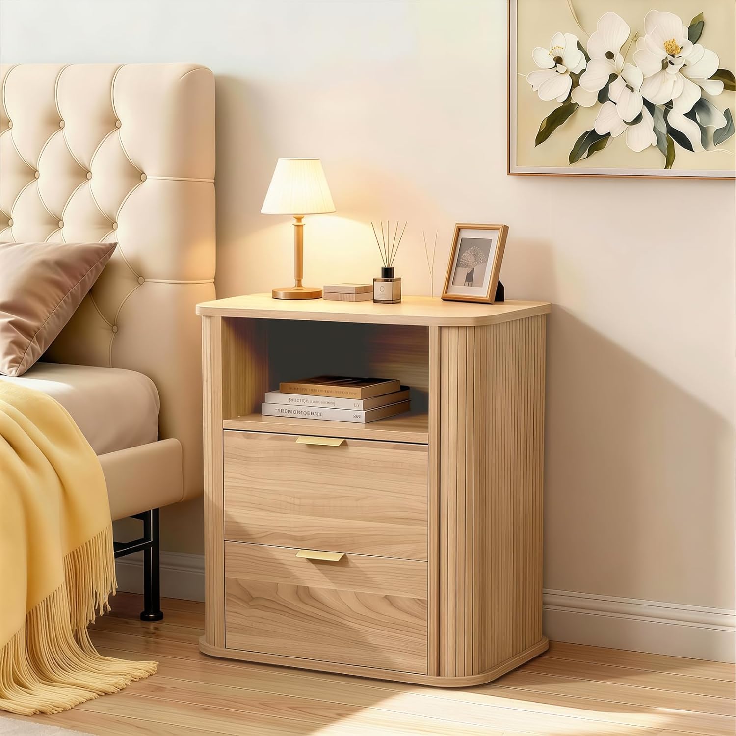 SoarFlash 2PCS Nightstand, Wooden Nightstand Set of 2 with 2 Drawers Storage, Curved Profile Design, Rustic Style for Bedroom, Light Oak