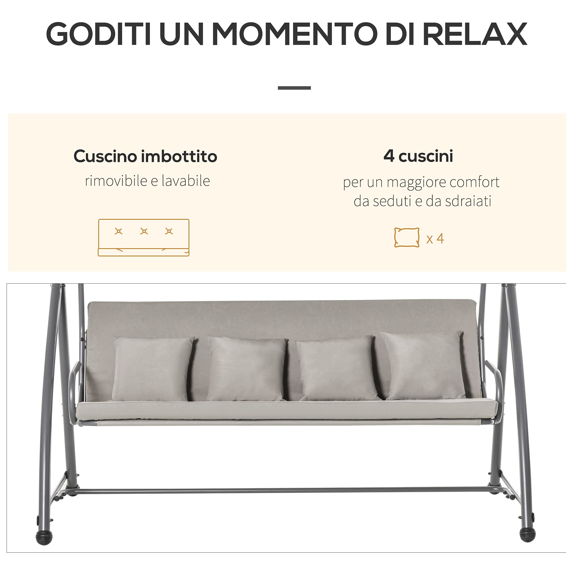 Outsunny Dondolo Letto da Giardino 3 Posti Convertibile in Letto e Tettuccio, Acciaio e Poliestere 218x120x168cm Cachi Chiaro