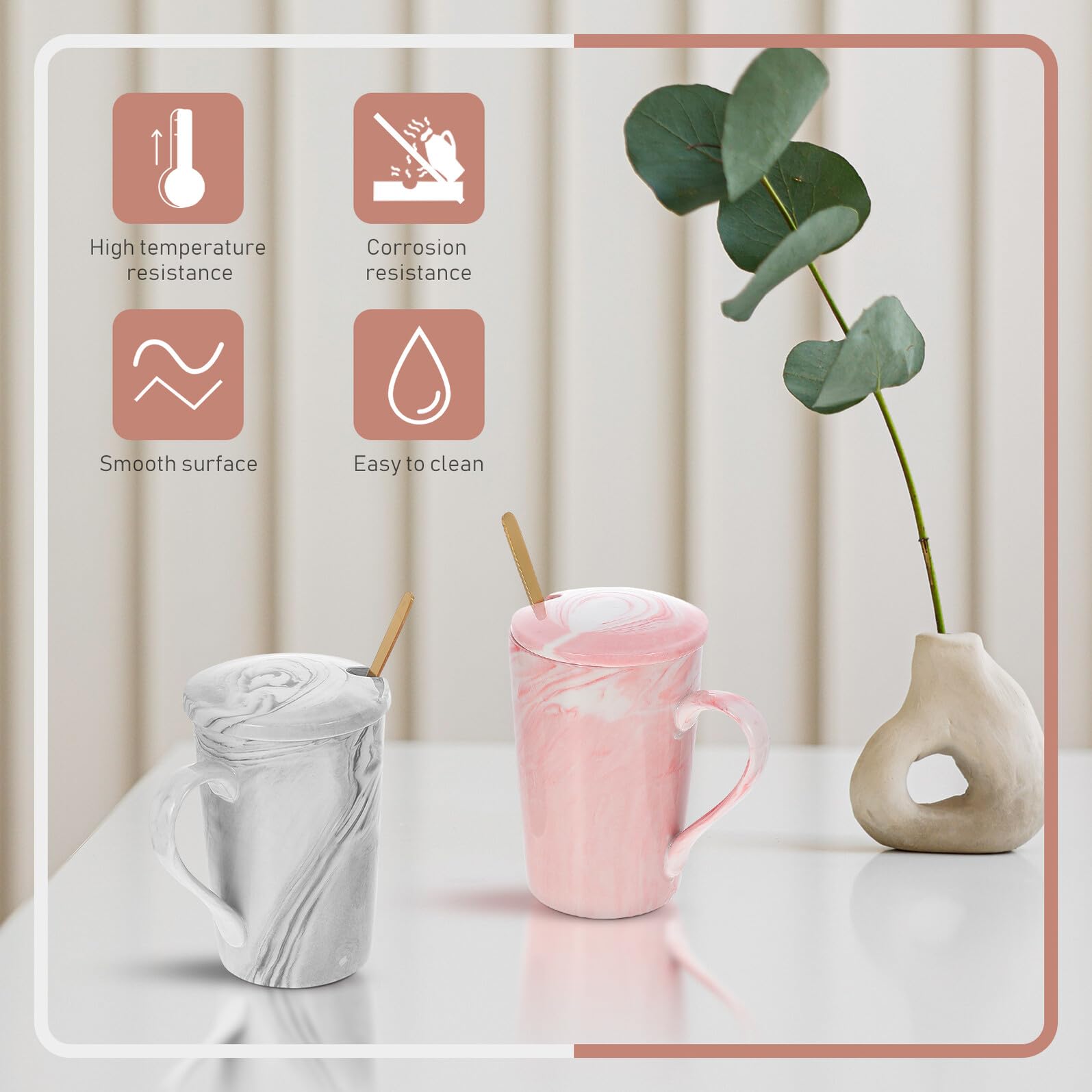 Tazas de Café de Mármol de Cerámica 2 Piezas Tapa y Cuchara Juego de Vasos para Beber Agua y Té en Casa U Oficina Diseño Moderno en Rosa y Gris para Obsequio