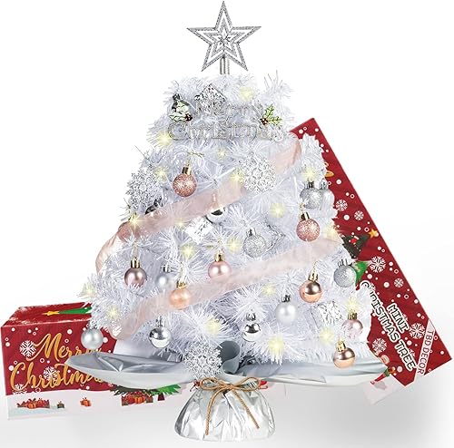 Mini árbol de Navidad blanco de 20 pulgadas mini árbol de Navidad artificial con luces árbol de Navidad de mesa con estrella árbol de nieve cajas de