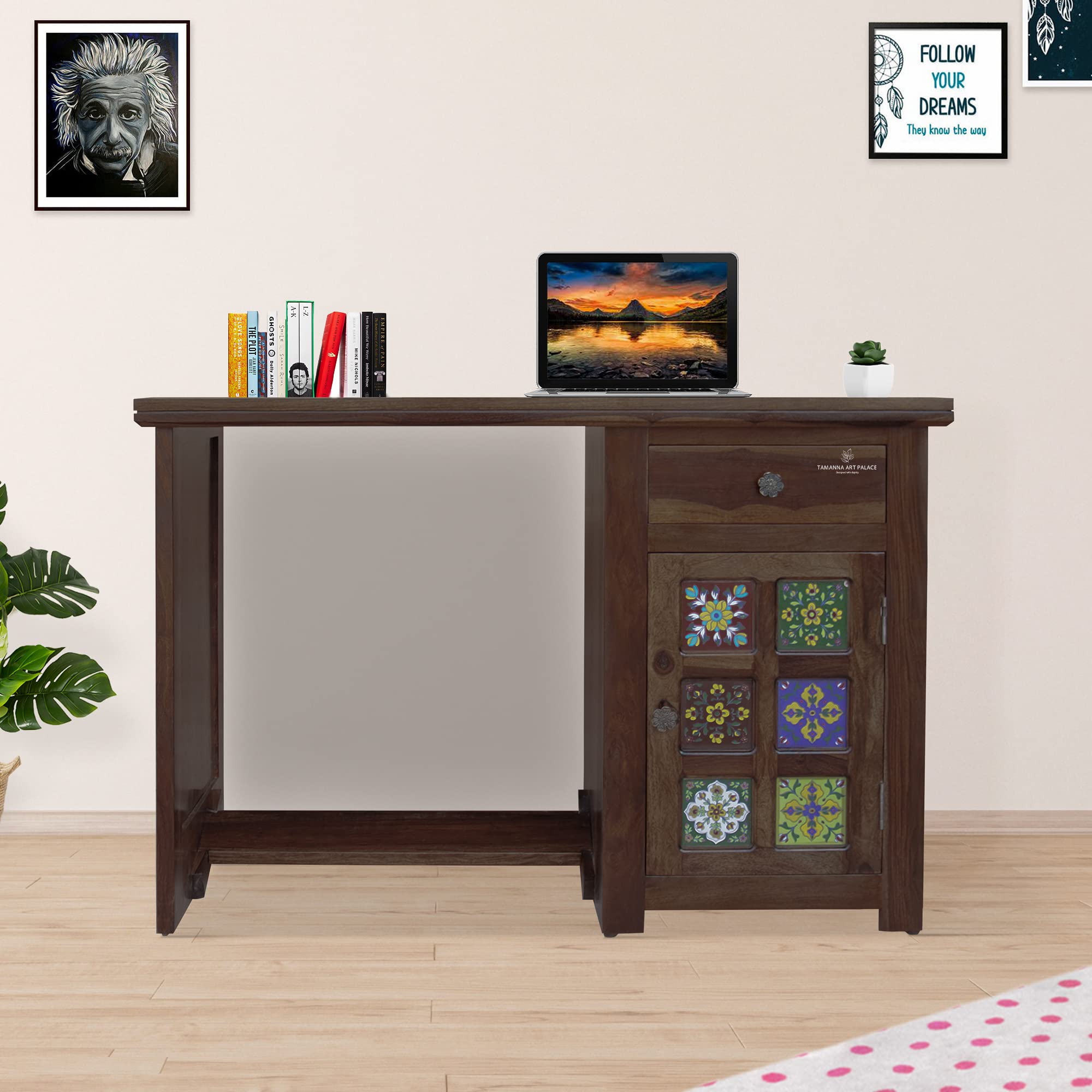 TAMANNA ART PALACE Solid Wood Multi-Purpose/Laptop/Computer Table/Study Desk with Drawers for Home/Office and Work from Home (Tile Computer Table (Walnut))