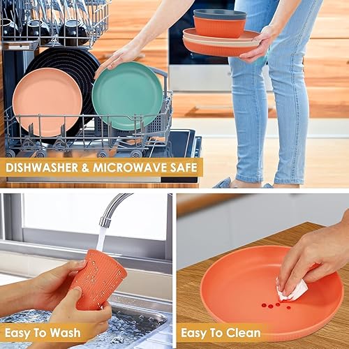 Miniatura 3 de Juego de vajilla de paja de trigo, 48 piezas, platos y cuencos de plástico irrompibles, juegos de cena para 4 personas, juego de cubiertos de viaje,