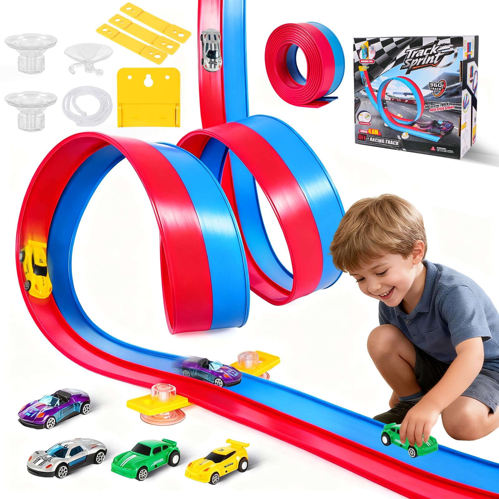 4.6M Autorennbahn Rennbahn für Kinder 3 4 5 6 Jahre mit 4 Spielzeugautos, Flexible Rennbahn für 1/64th Autos Spielzeug ab 3 4 5 6 Jahre Jungen Mädchen Geschenk Jungen Mädchen 3-6 Jahre