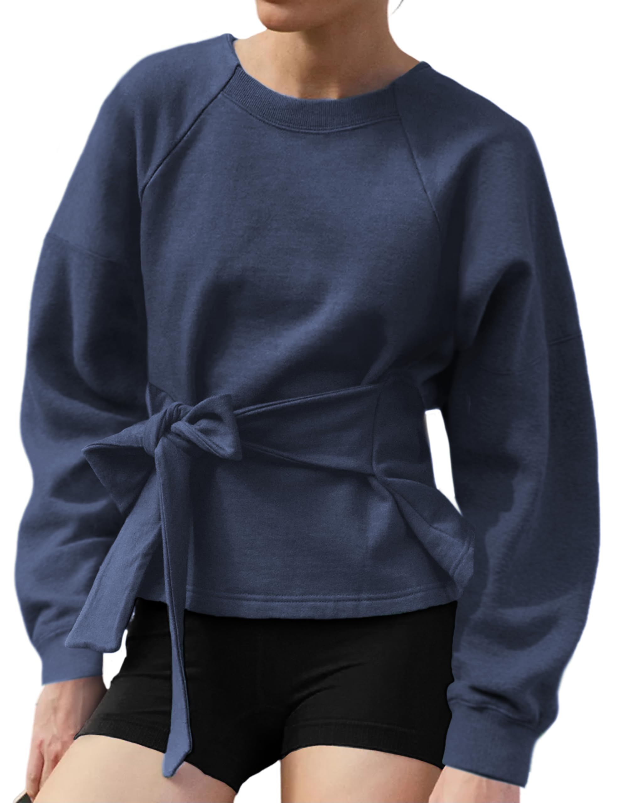 Zhiyouni Women's Long Sleeves Shirt Tops Casual 2026 Fall Fashion Crewneck Tie Knot Sweatshirt Pullover Navy Medium