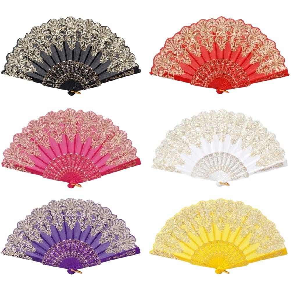Hrippy 6pcs Chinese Fabric Folding Fan, Printed Handheld Decor Fans for Line Dance Wedding Church Party Activities