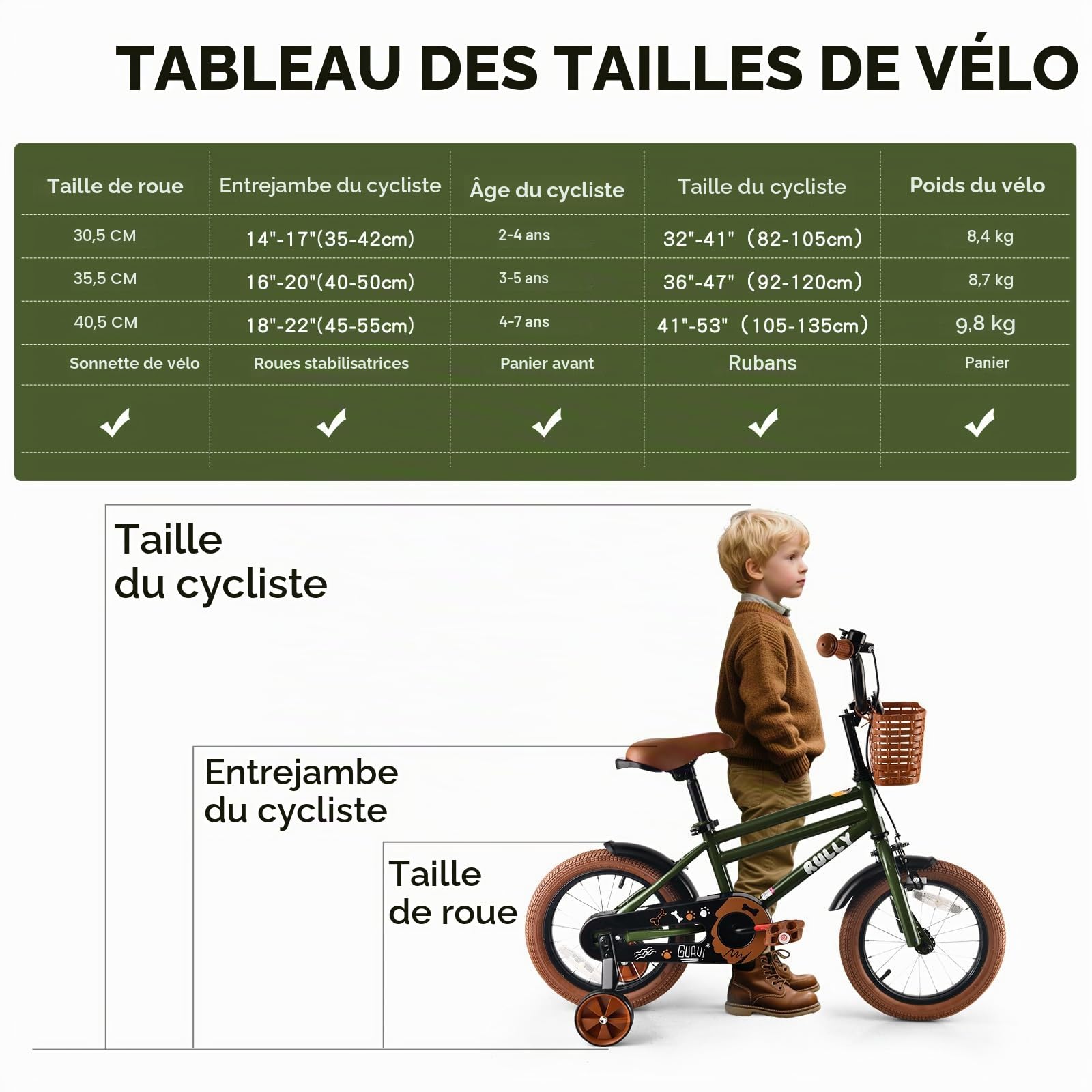 RULLY Vélo enfant 12-16 pouces avec roues stabilisatrices frein à rétropédalage frein à main panier