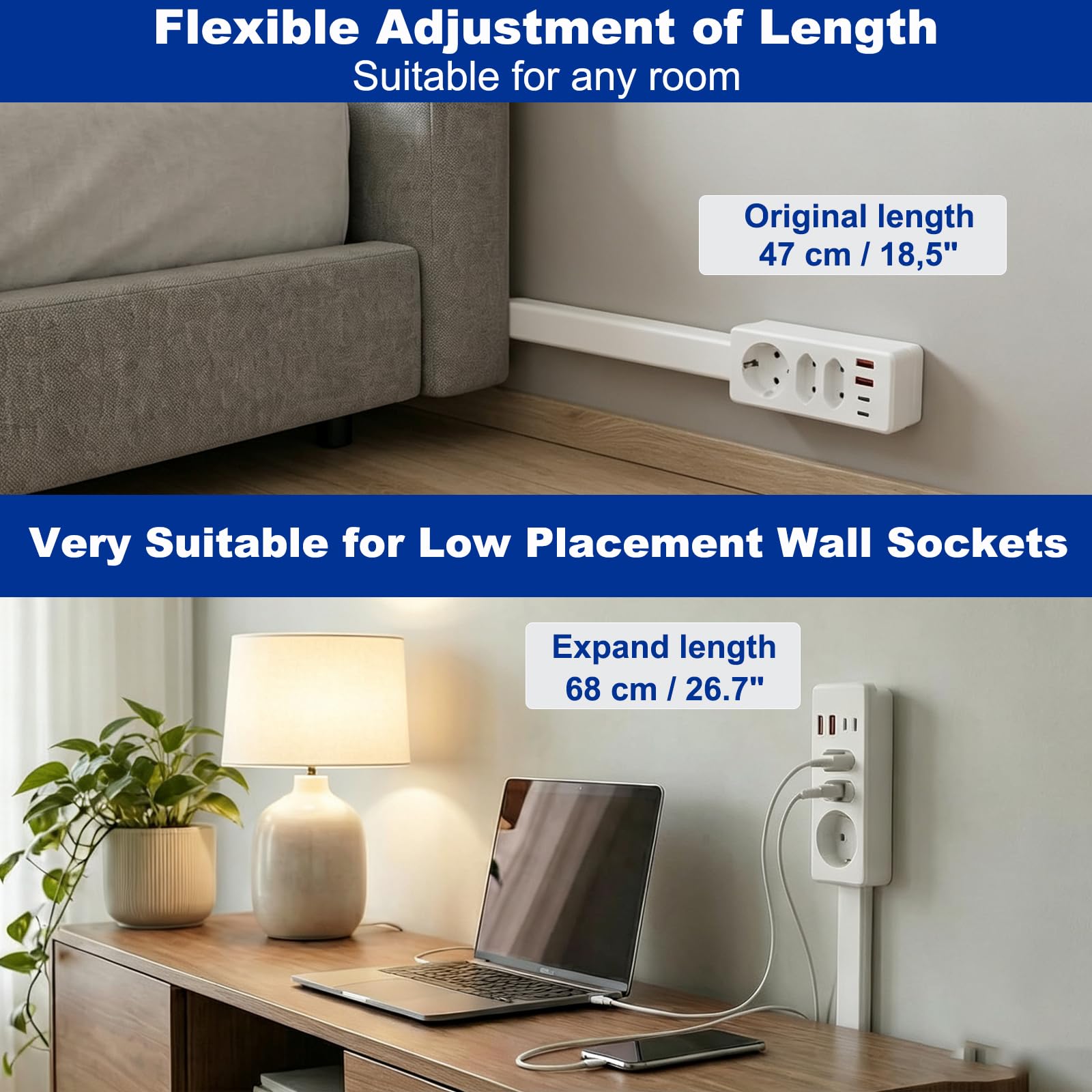 Prolunga estensibile (47-67 cm), con funzione girevole, 3 prese + 2 USB-A + 2 USB-C, orientabile a 360°, per soggiorno, scrivania, camera da letto