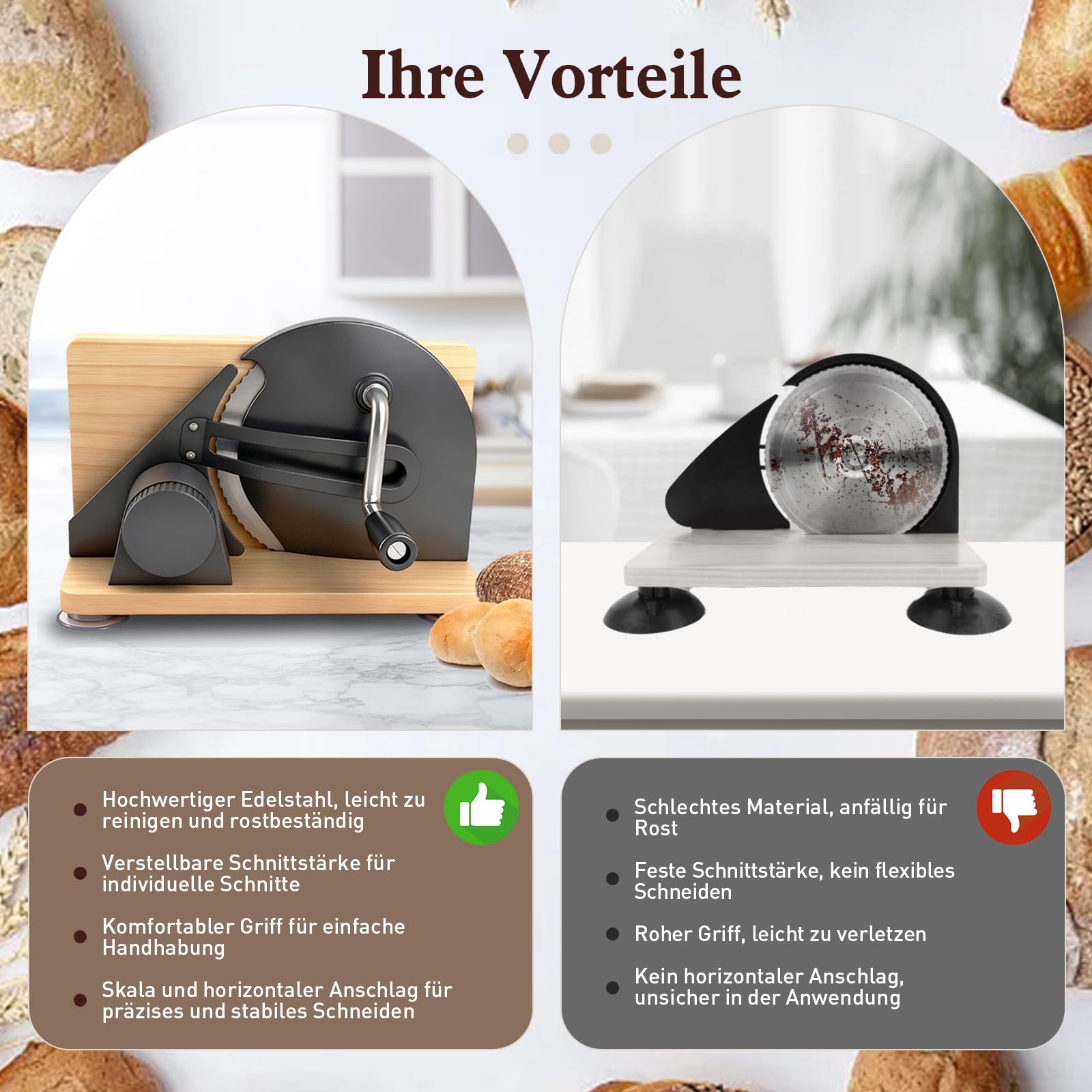 Brotschneidemaschine,Brotschneidemaschine Manuell(Faltbar),Allesschneider | Edelstahl 304, Mit Skala,Einstellbare Scheibendicke,Für Käse,Brot und Gemüse