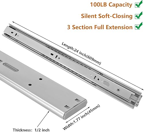 Miniatura 29 de LONTAN - Guías deslizantes para cajón, de montaje lateral y cierre suave, rieles resistentes, extensión completa en 3 secciones, 2 pares, 20