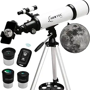 ABOTEC Telescope, 80mm Aperture Telescopes for Adults Astronomy & Kids & Beginners, Portable 500mm Refracting Telescope (25X-250X) with an Adjustable Tripod, a Bag, a Phone Adapter & a Wireless Remote