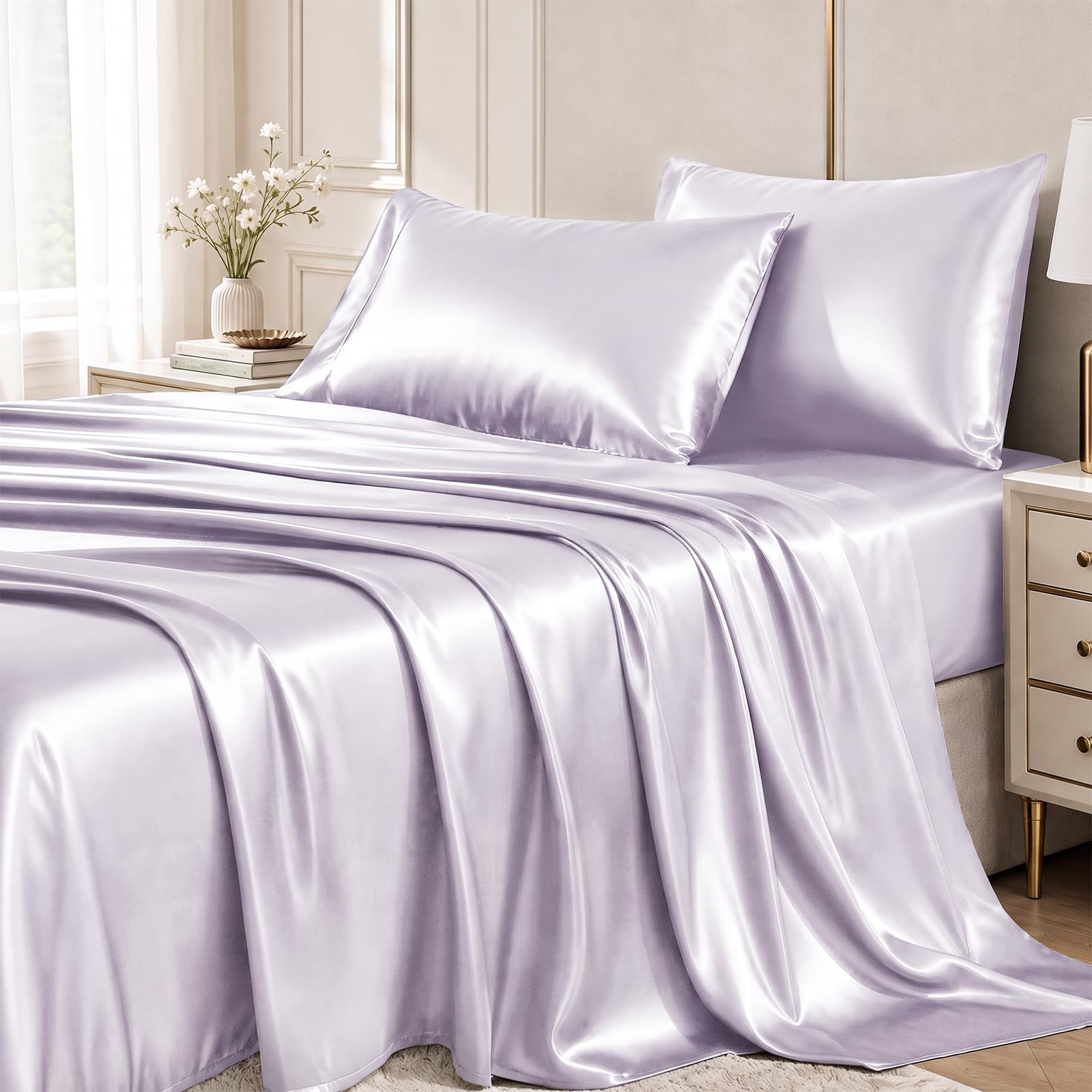 CozyLux Satin Sheets Queen, 4-Piece 14-Inch Deep Pocket Sheet Set