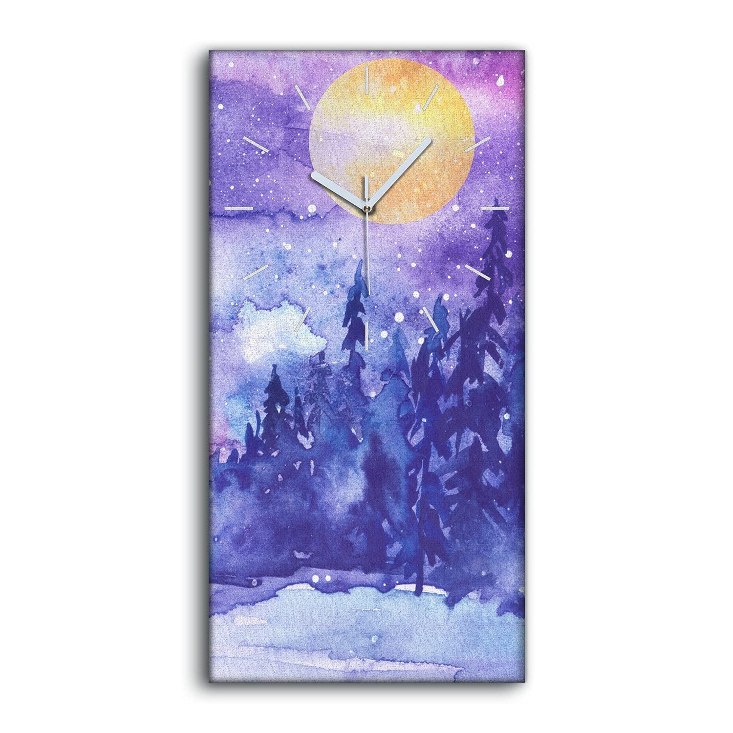 Horloge sur toile 30x60cm forêt enneigée lune et étoiles pour décoration murale