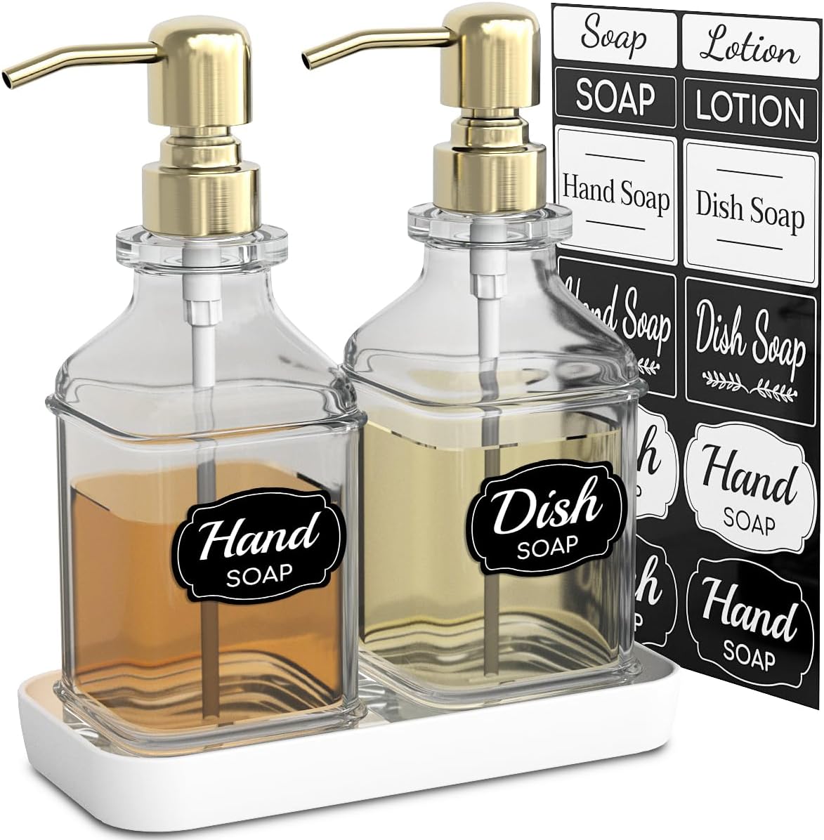 LMQML Soap Dispenser - 2 Pack, Antique Design Thick Glass Hand Soap Dispensers with Sturdy Tray; 304 Rust Proof Stainless Steel Pump, 12Pcs Stickers, for Kitchen, Bathroom