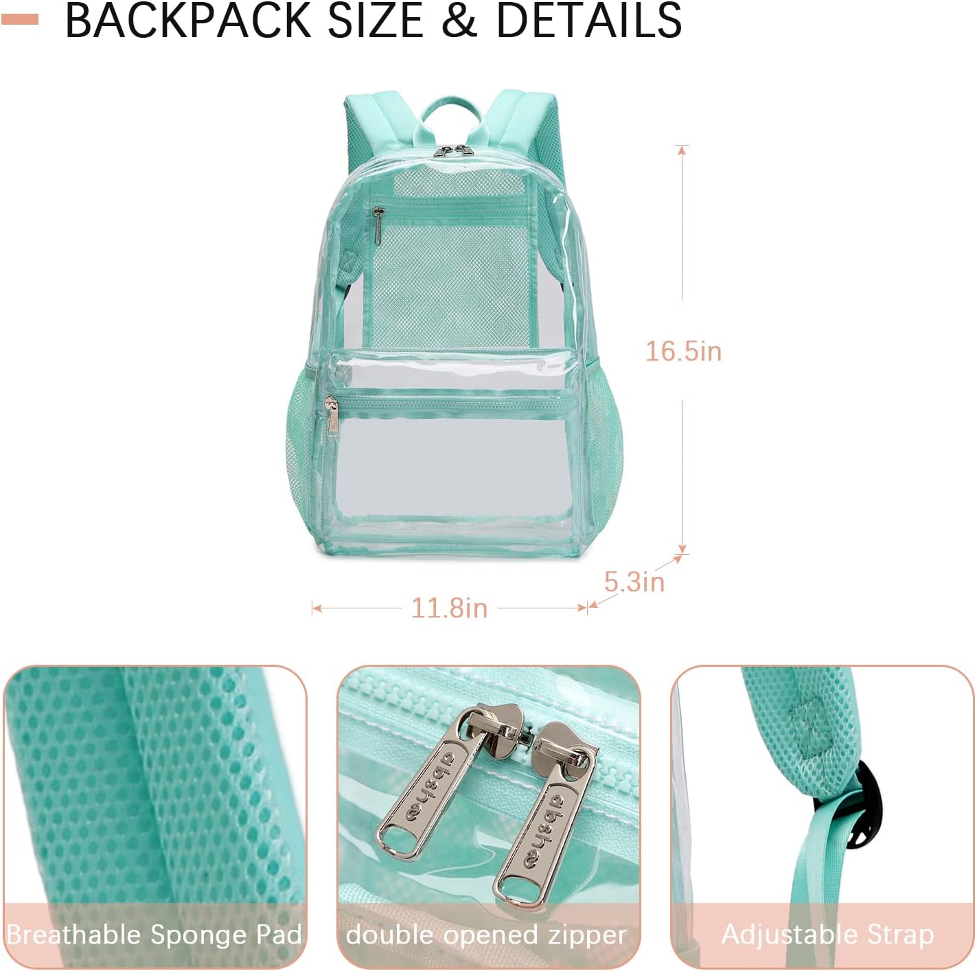 abshoo Heavy Duty Clear Backpack School Approved Transparent Clear Bookbag for School (Teal)