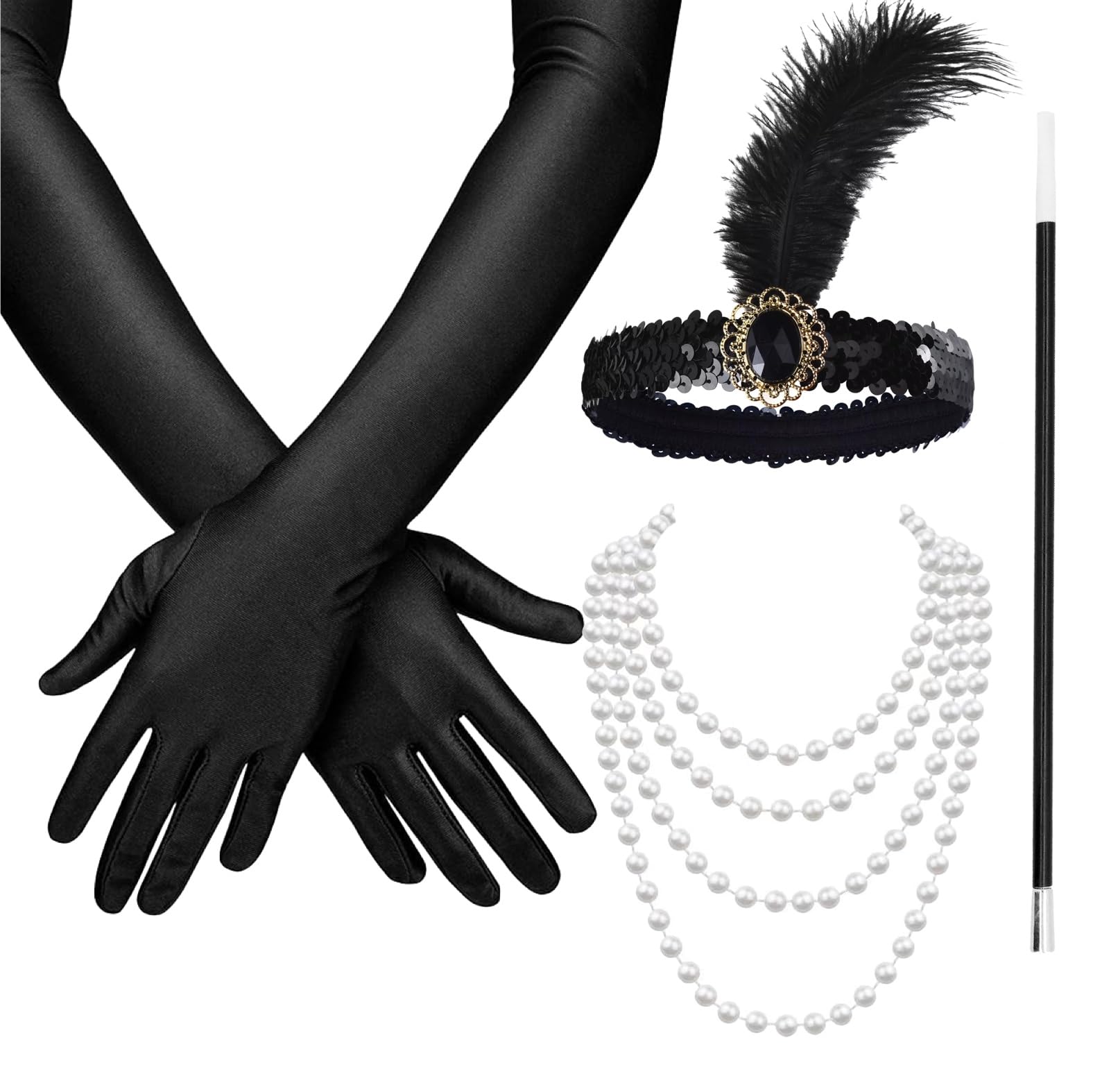 TK Gruppe Timo Klingler 20er Set Damen Kostüm - 1920er Jahre Charleston Accessories Great Gatsby mit Handschuhe, Halskette, Stirnband schwarz Fasching & Karneval