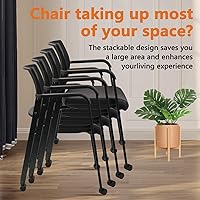 Vista 7 de CLATINA Silla de oficina apilable con ruedas, respaldo de malla, para sala de espera, sillas de invitados con brazos, cómodo cojín de cuero, silla