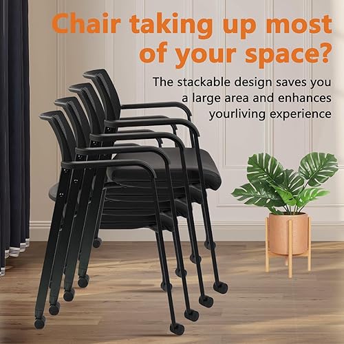 Miniatura 7 de CLATINA Silla de oficina apilable con ruedas, respaldo de malla, sillas de invitados con brazos, cómodo cojín de cuero, silla de escritorio apilable