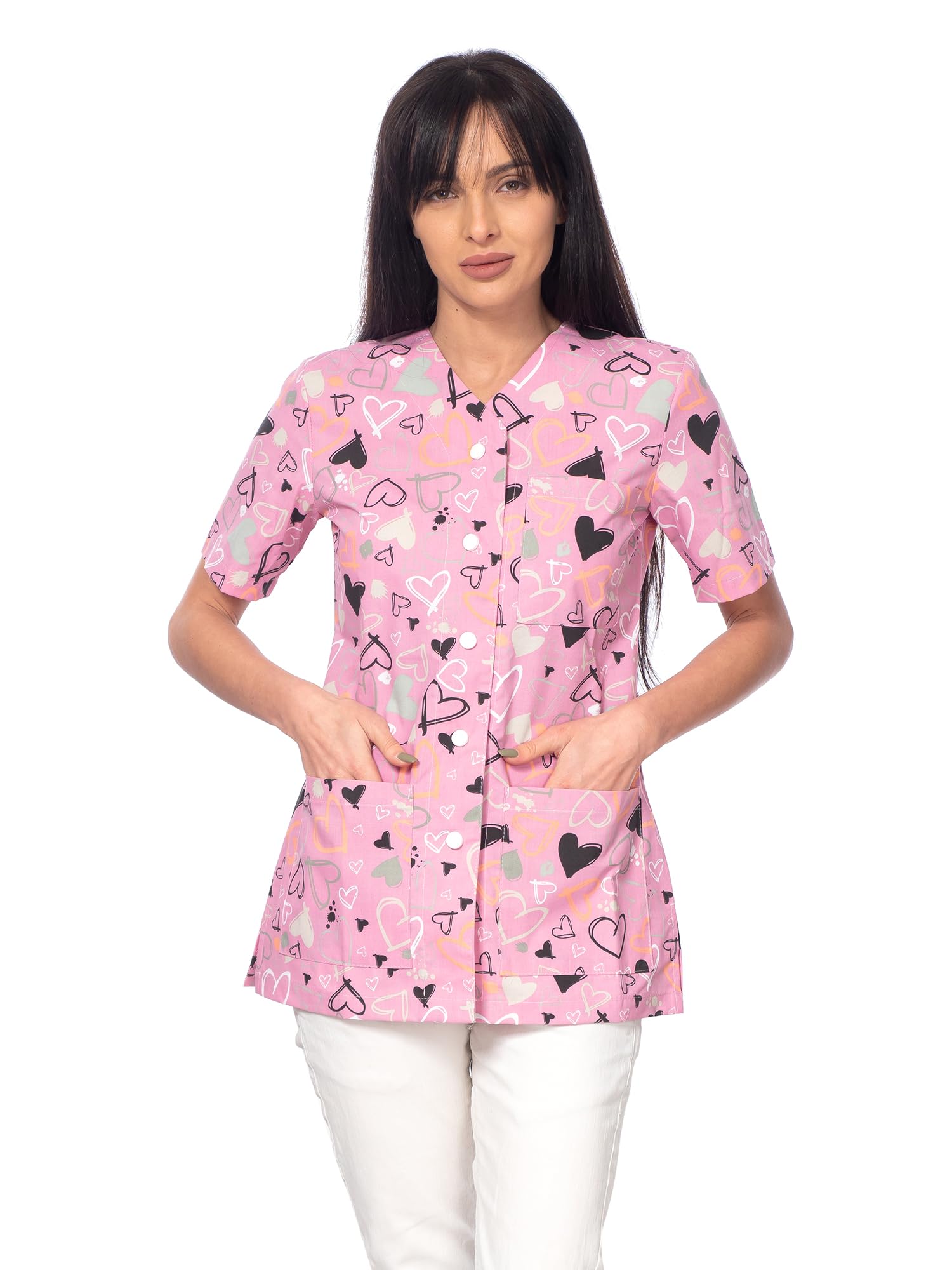 DINOZAVR Carla Sanitario Camisa Médica con Botones a presión y Cuello en V para Mujeres