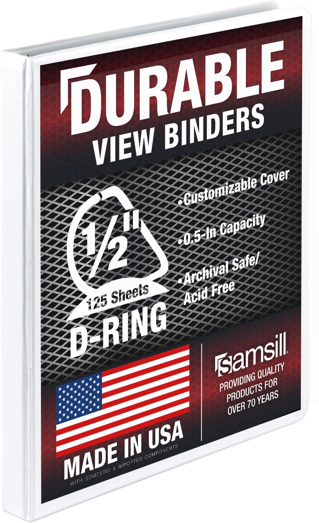 Samsill Durable 0.5 Inch Binder, D Ring Binder, Customizable Clear View Cover, Pearl White, Holds 125 Pages
