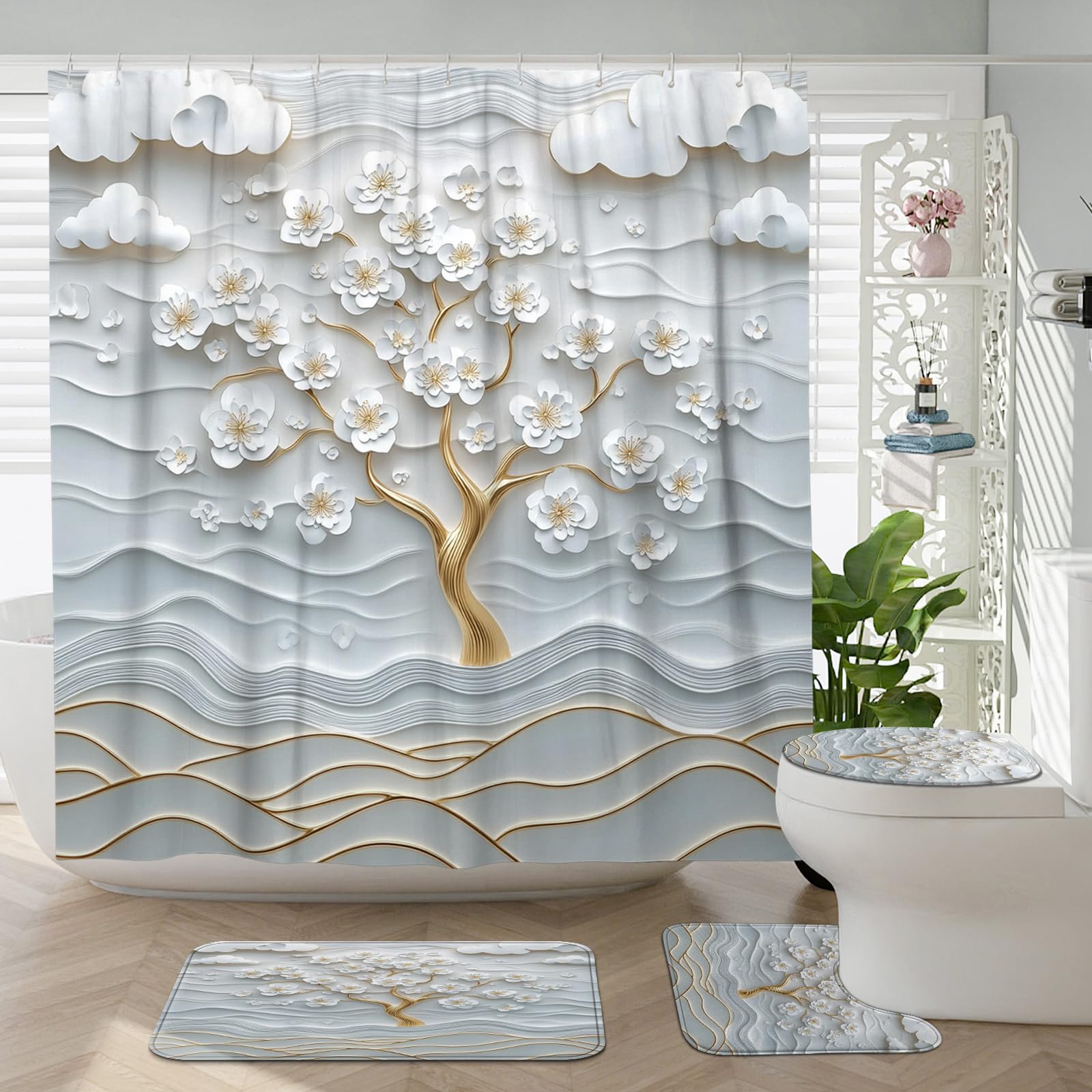 Juego de 4 accesorios de baño de árbol de chinoiserie blanco con alfombra antideslizante, en forma de U y cubierta de tapa de inodoro, decoración de tela de baño china japonesa 3D, 72 x 72 pulgadas