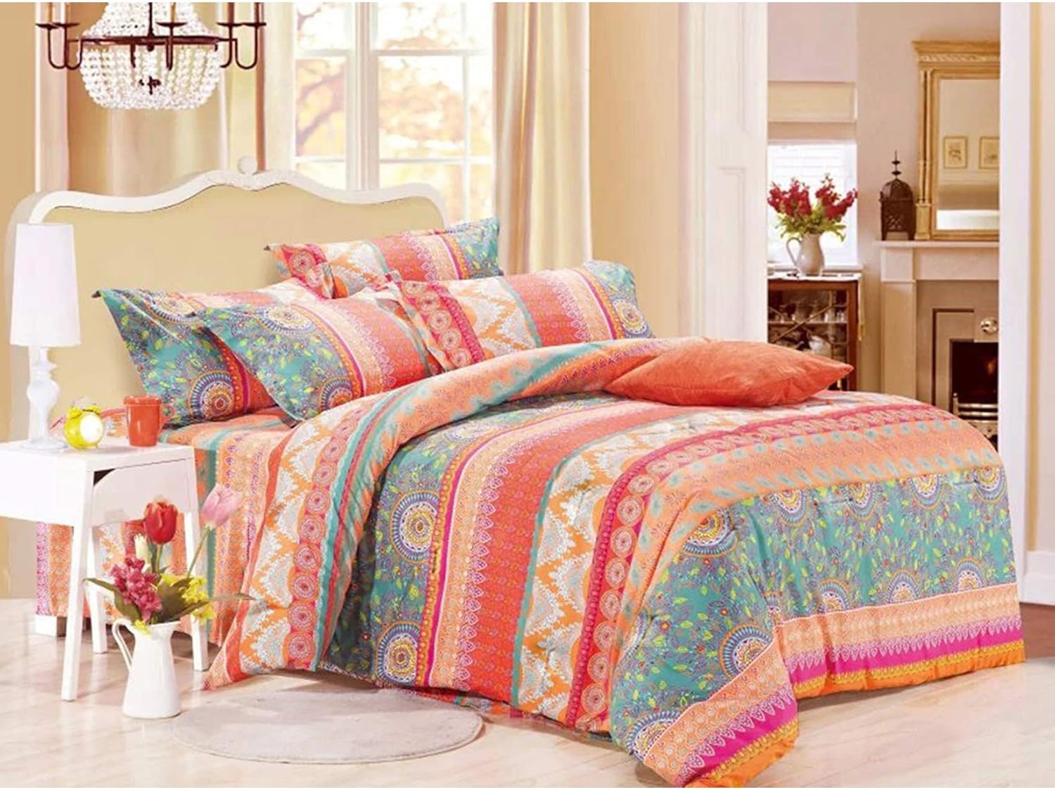 Lіmіtеd Stосk Wake In Cloud - Bohemian Comforter Set, Orange Coral Boho Chic Mandala Pattern Printed, Soft Microfiber Bedding (3pcs, Queen Size)