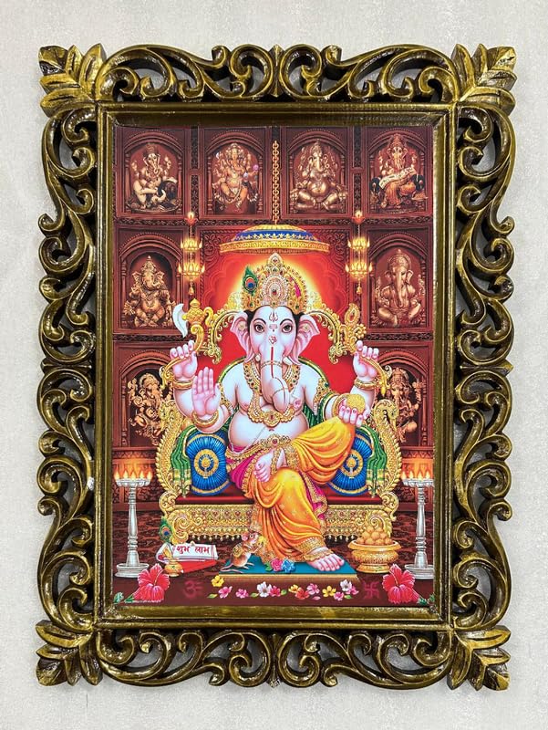 Peinture Ashta Ganapati sous cadre sculpté pour harmoniser votre espace de méditation